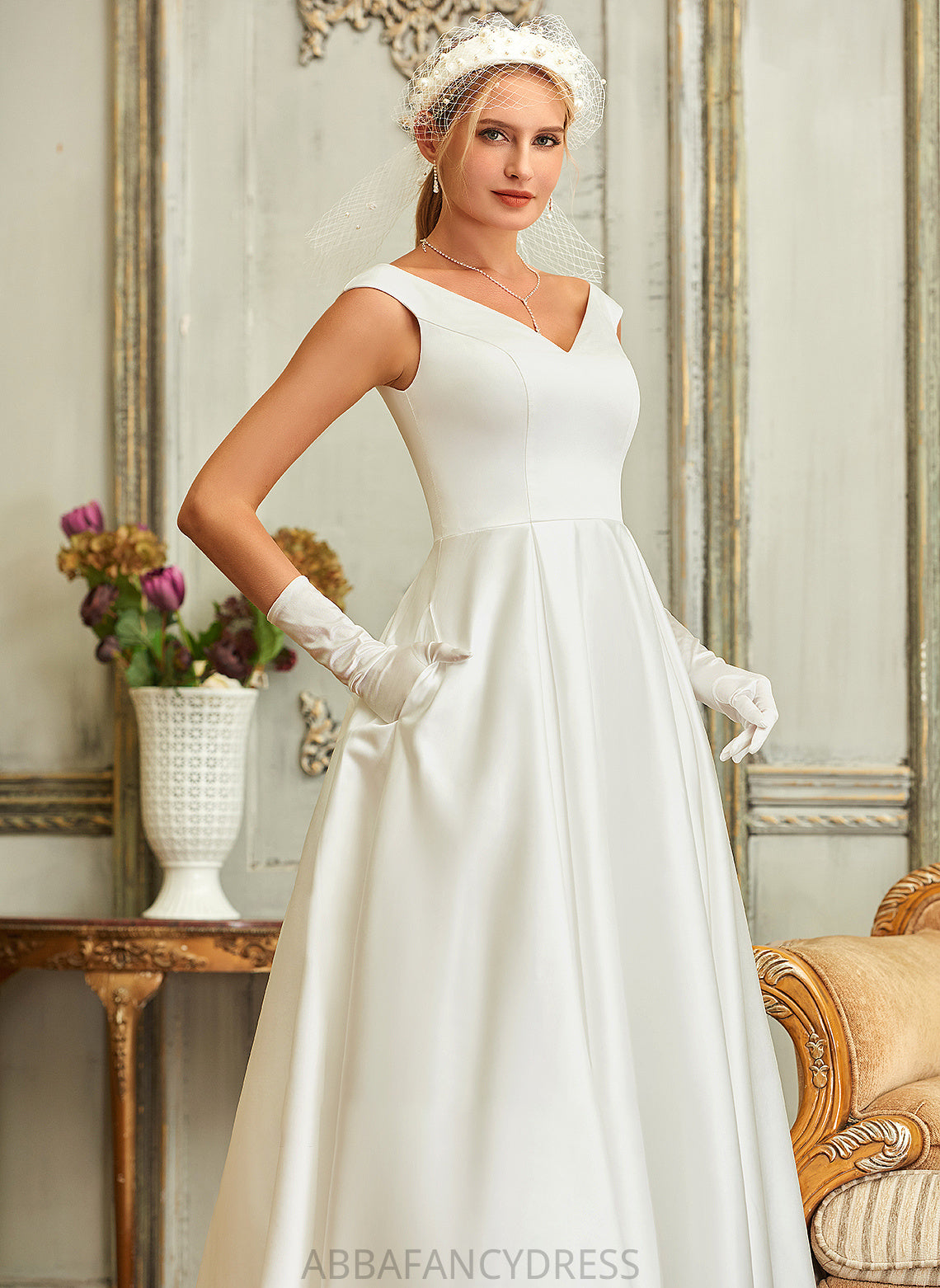 With V-neck Pockets Satin Joselyn Wedding Ball-Gown/Princess Asymmetrical Wedding Dresses Dress