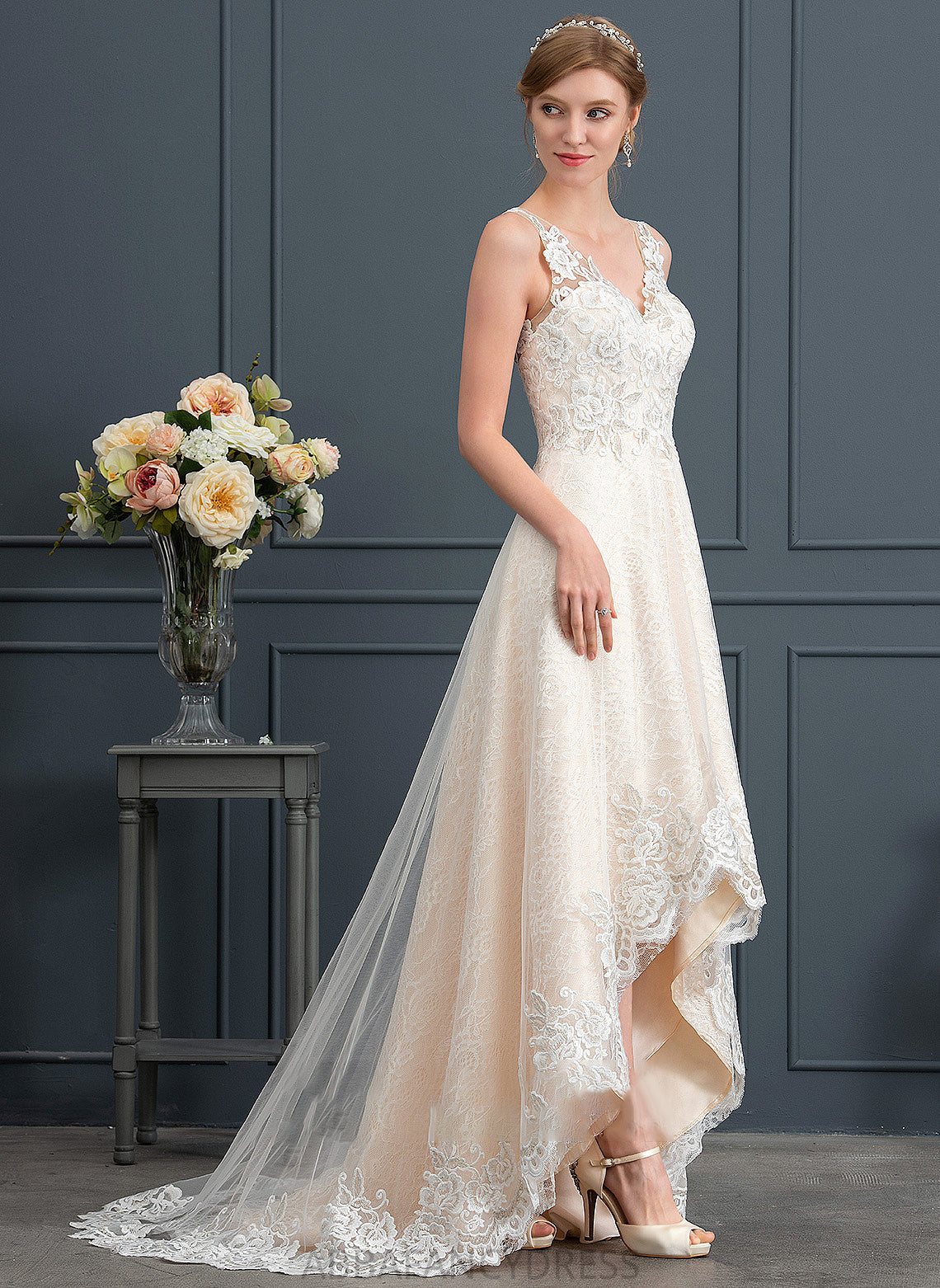 Asymmetrical Tulle With Lace Dress V-neck A-Line Wedding Dresses Wedding Miranda
