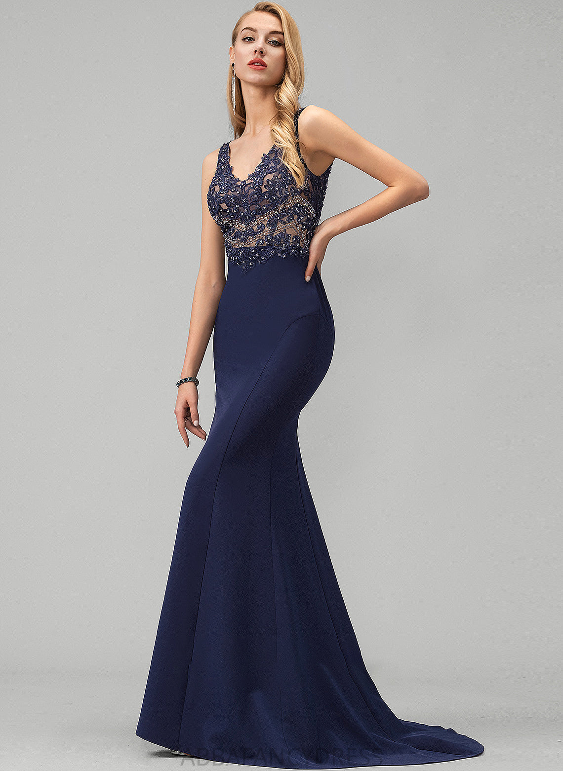 V-neck Trumpet/Mermaid Crepe Train Kayleigh With Stretch Beading Sweep Prom Dresses Sequins