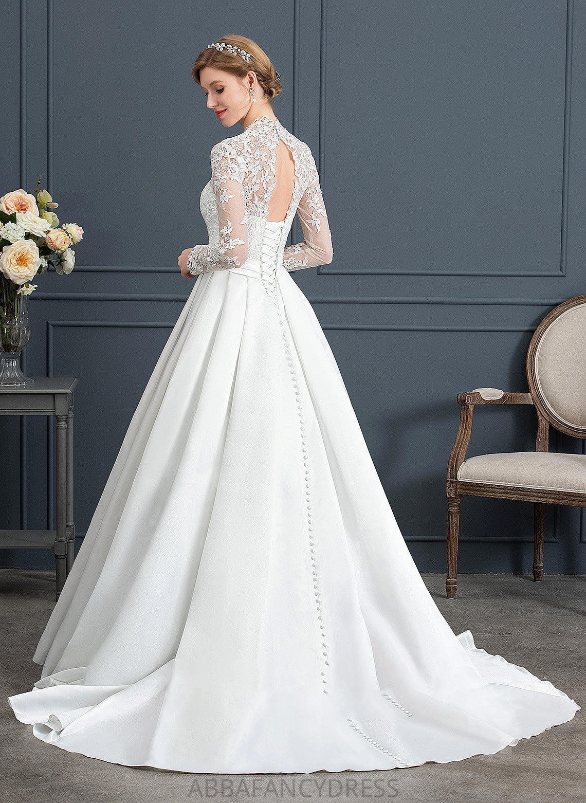 Bow(s) Wedding Dresses Court Ball-Gown/Princess Wedding Satin Dress Train With V-neck Adrienne