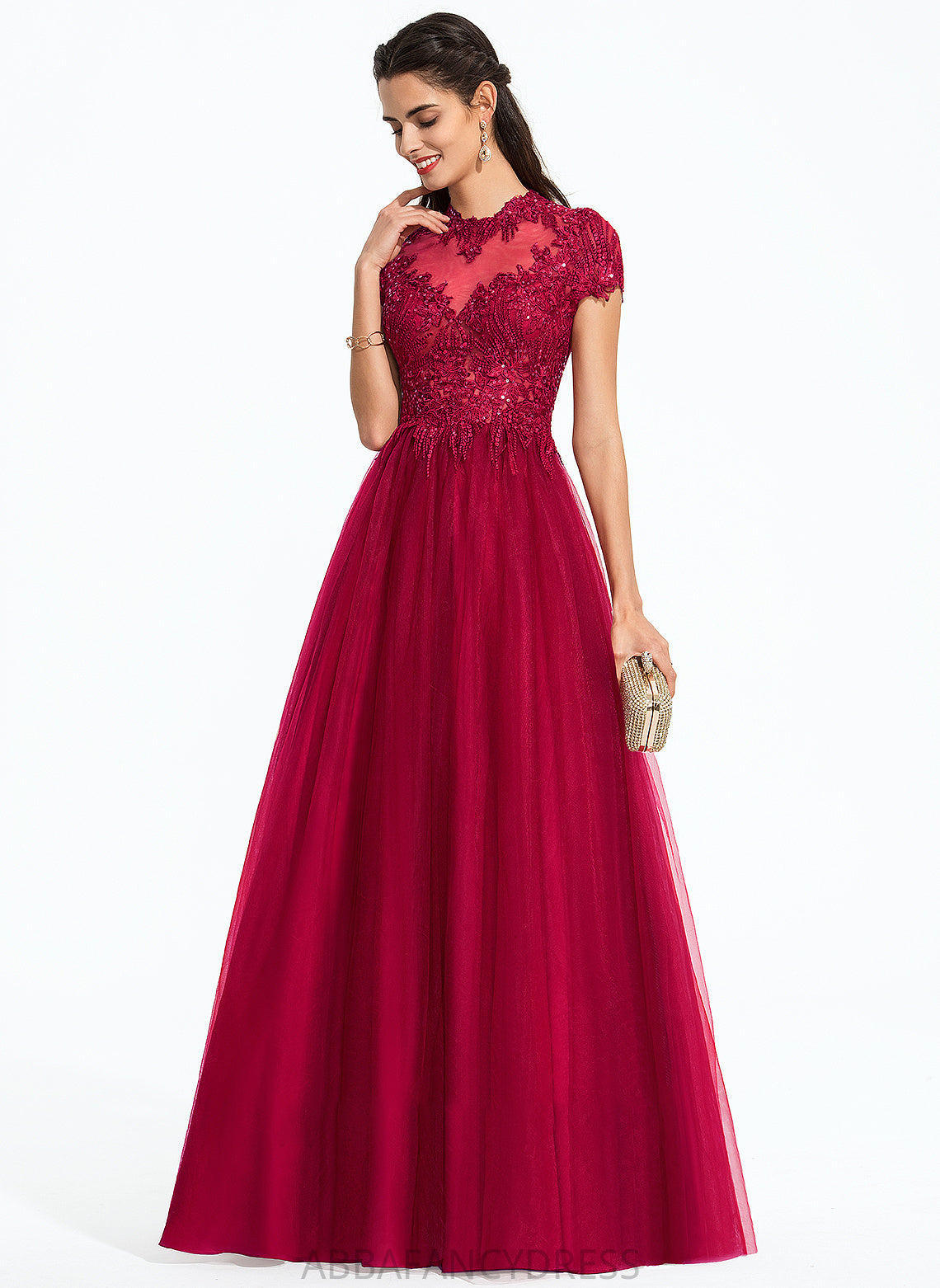 Tulle Neck Ball-Gown/Princess Sequins Prom Dresses Floor-Length Rowan Scoop With