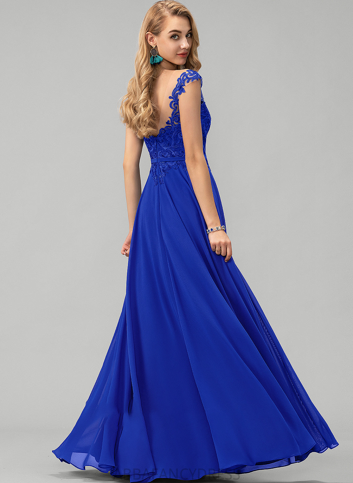 A-Line Chiffon Cheryl Prom Dresses Scoop Neck Sequins Floor-Length Lace With