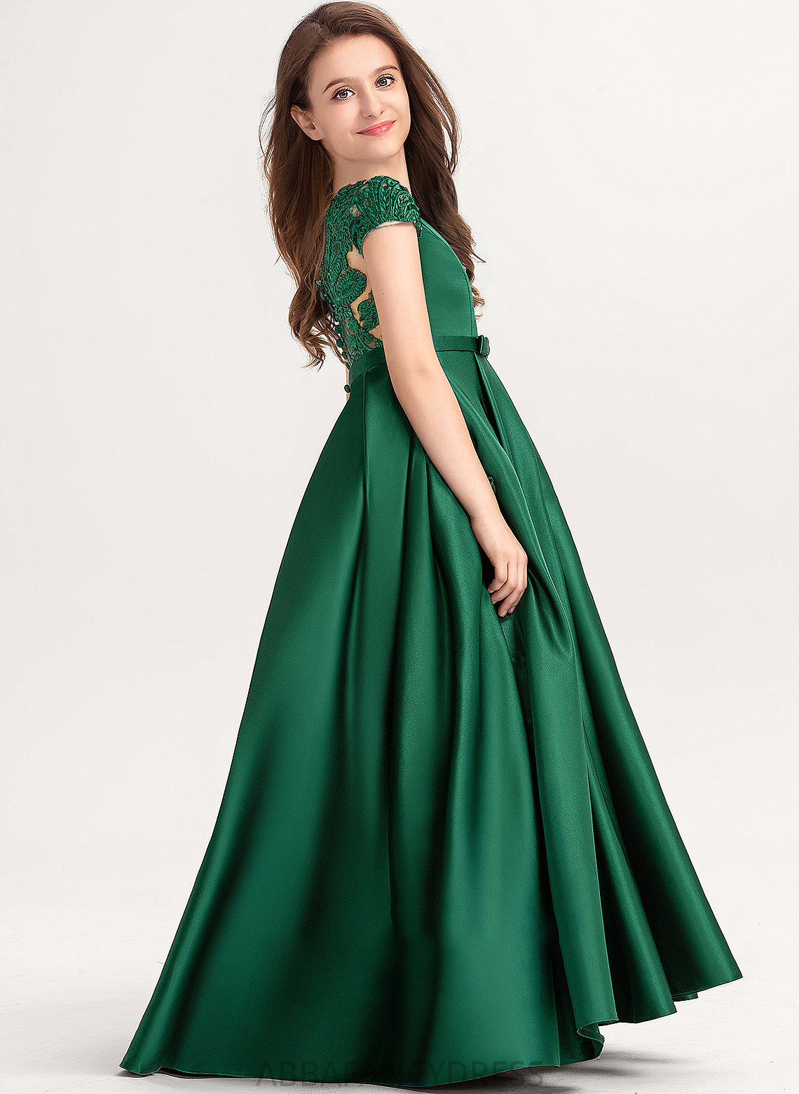 Payton Ball-Gown/Princess Scoop Pockets Neck Bow(s) Floor-Length With Satin Junior Bridesmaid Dresses Lace
