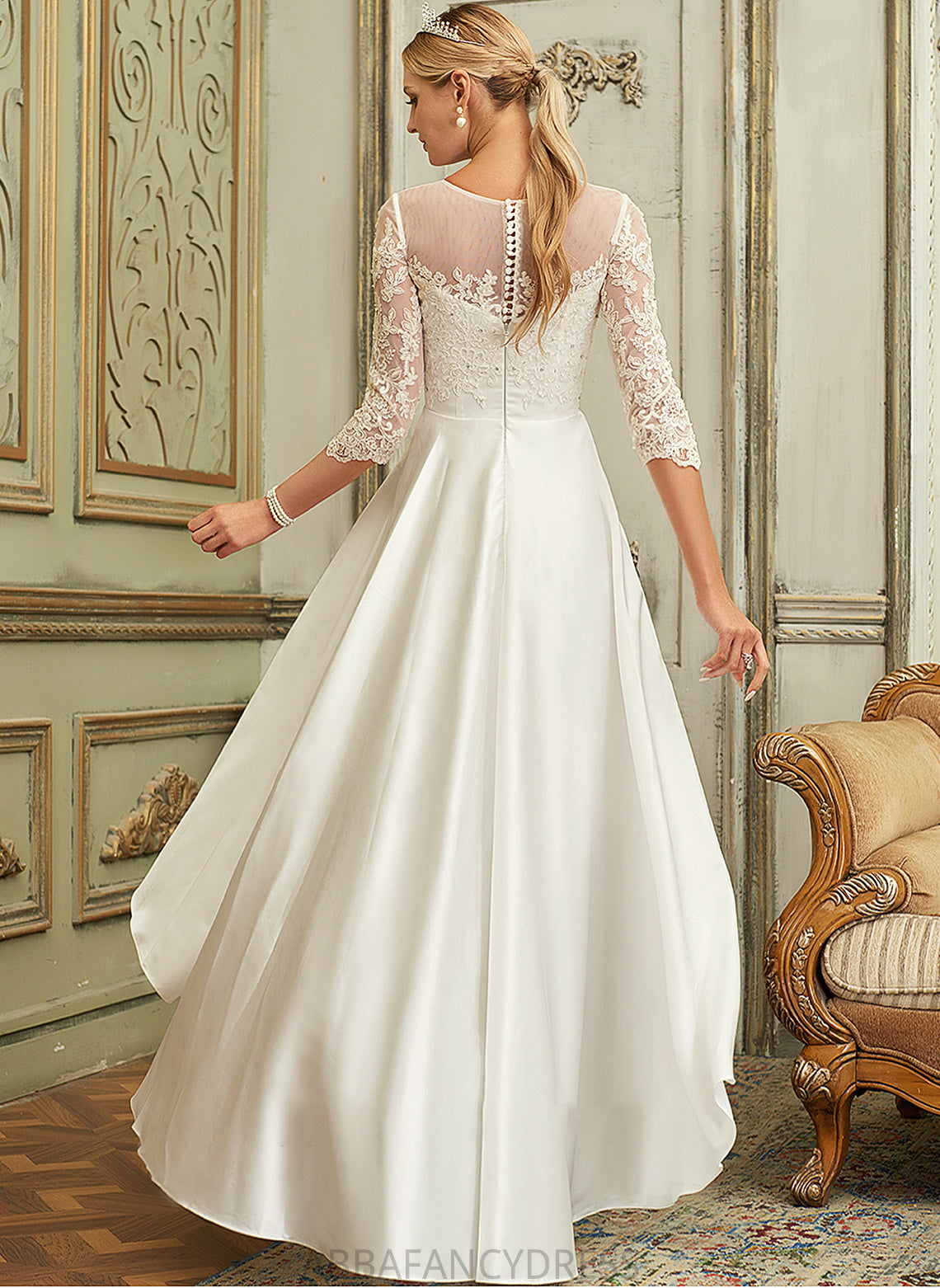 Neck Satin Lia Wedding Lace Wedding Dresses Scoop Asymmetrical A-Line Dress