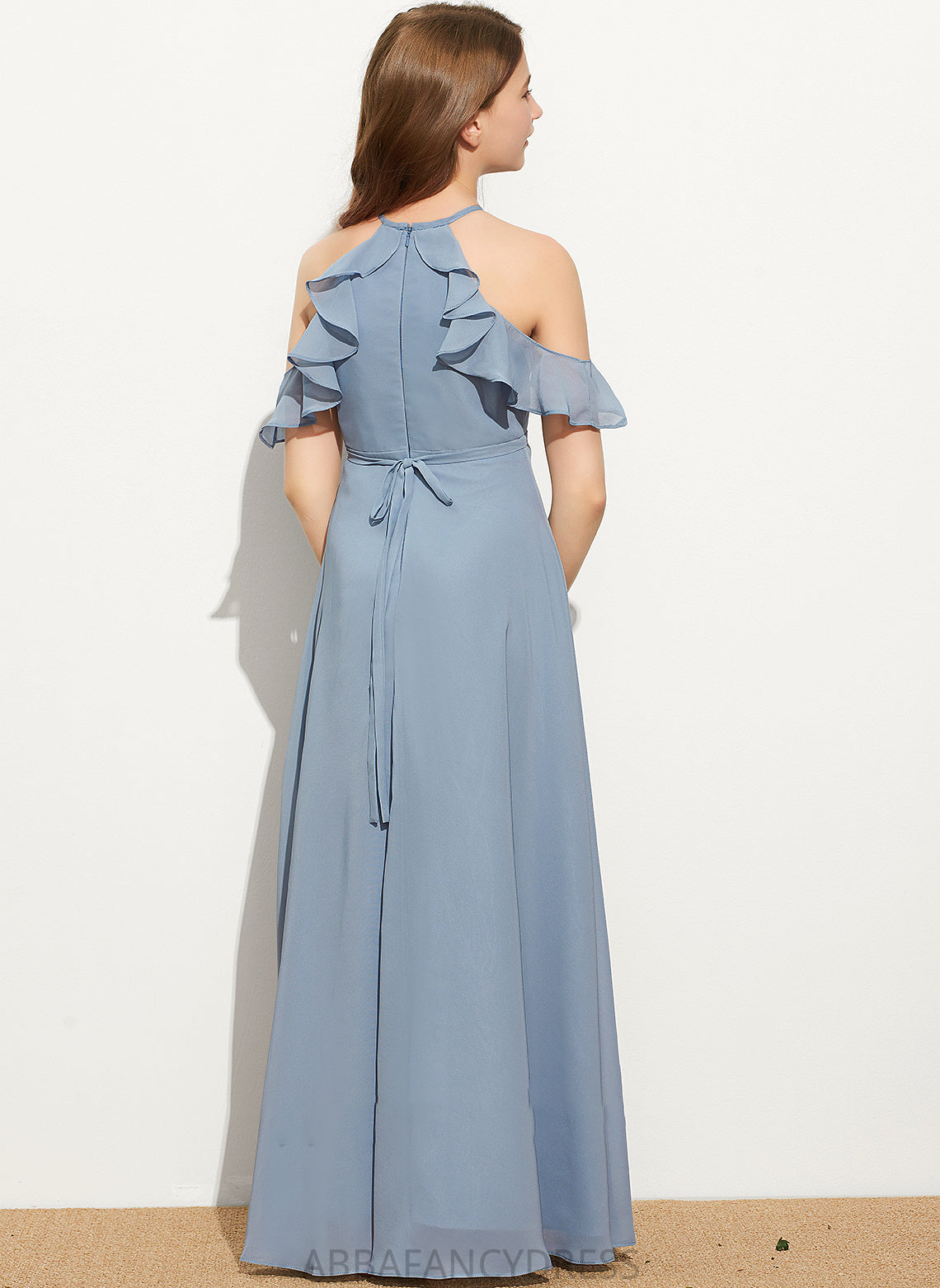 Junior Bridesmaid Dresses With Scoop Cascading Ruffles Floor-Length Mckinley Bow(s) Chiffon Neck A-Line