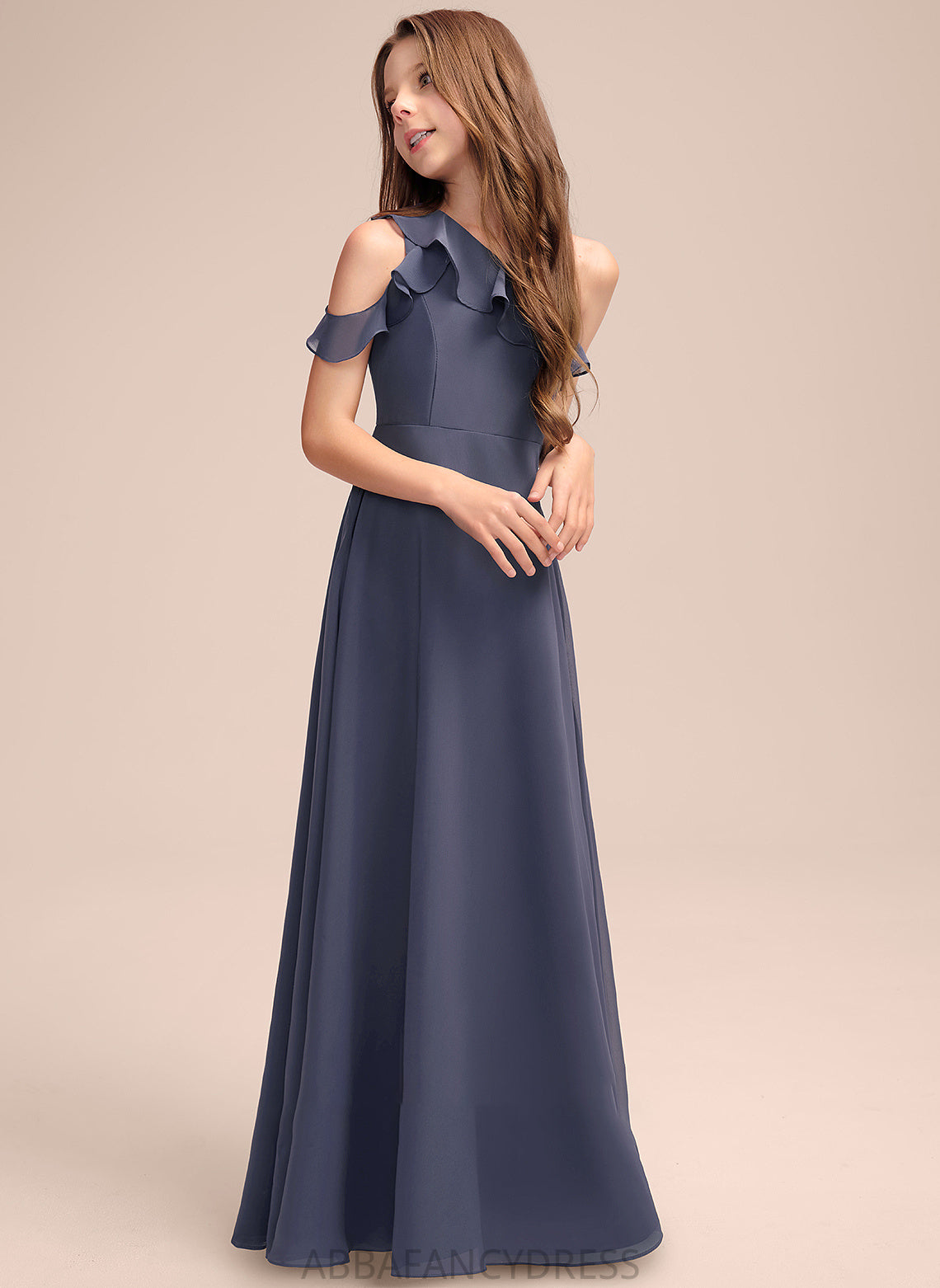 One-Shoulder Floor-Length Abigail A-Line Cascading Chiffon Junior Bridesmaid Dresses Ruffles With