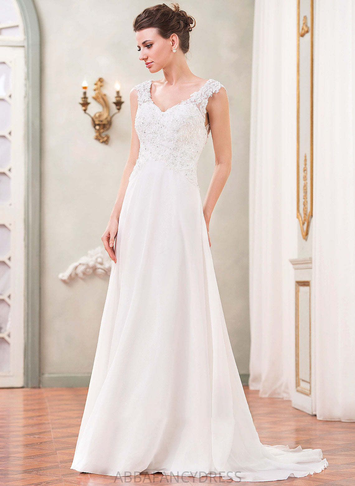 Beading Dress V-neck Chiffon Wedding A-Line Alina Wedding Dresses Sequins Train With Lace Sweep