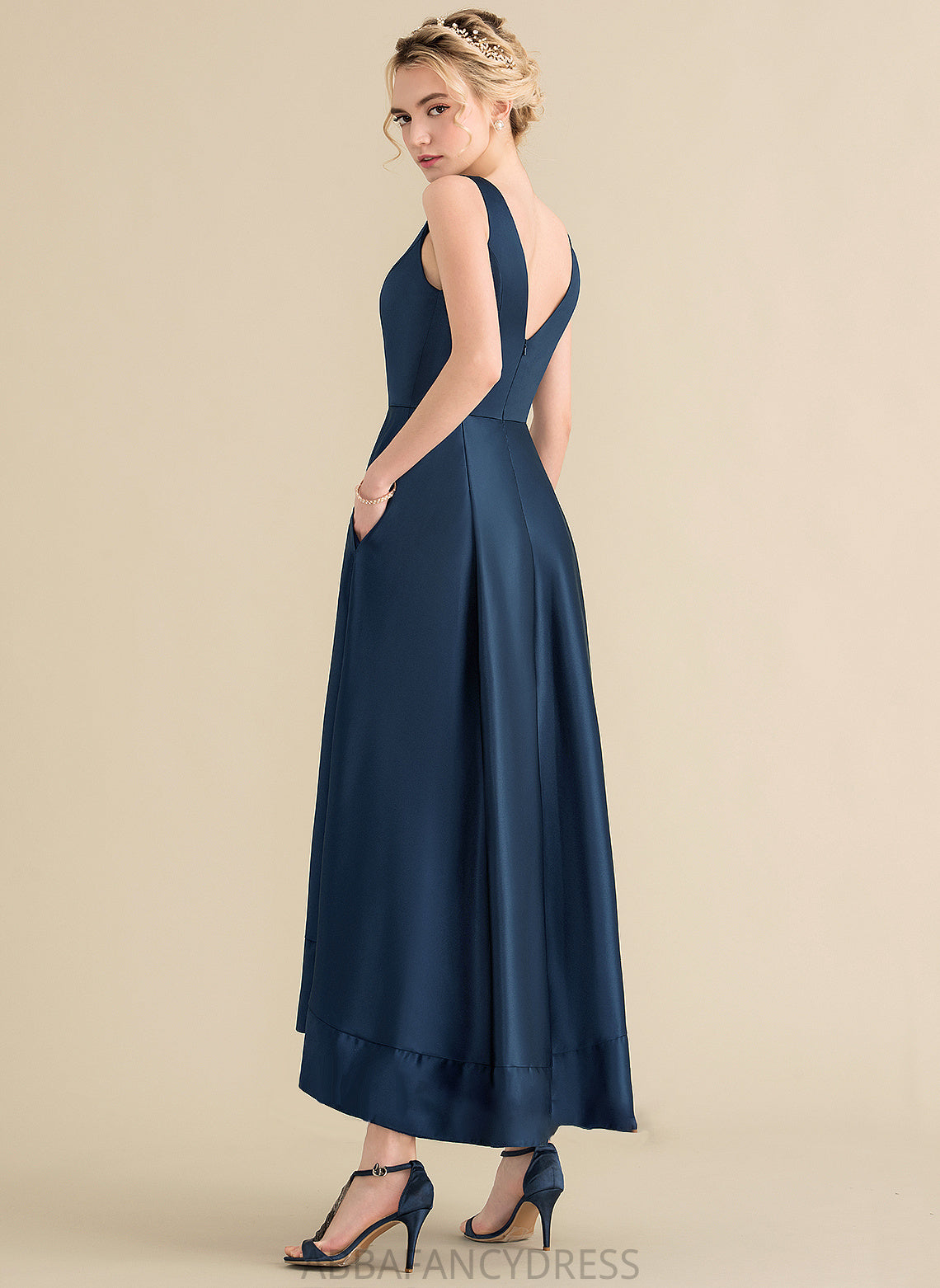 Fabric Asymmetrical Embellishment Satin Neckline V-neck Length Straps Pockets Julie A-Line/Princess Floor Length