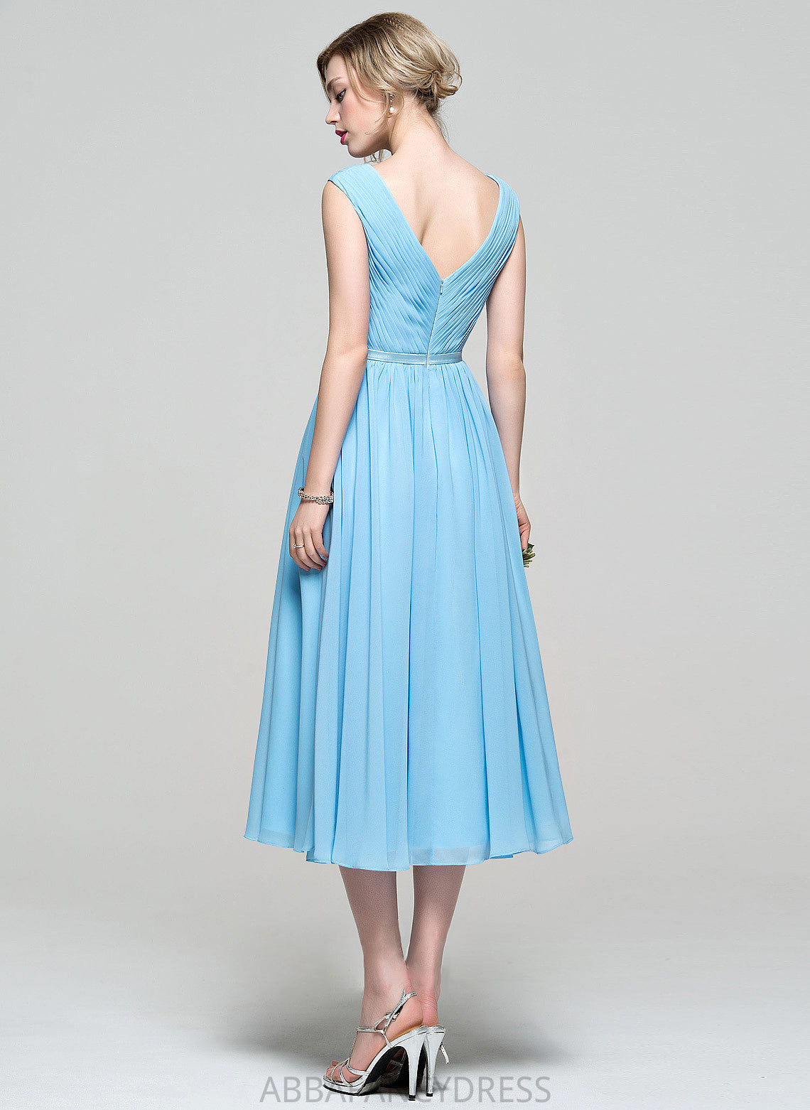 Neckline Ruffle Silhouette V-neck Embellishment A-Line Fabric Length Tea-Length Madisyn A-Line/Princess Sleeveless