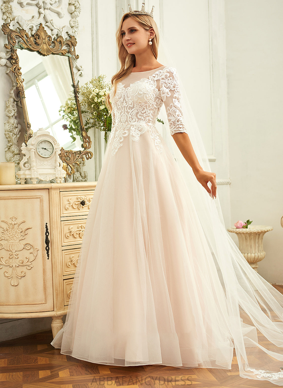 Neck Dress Ball-Gown/Princess Tulle Lace Wedding Dresses Carley Train Wedding Scoop Sweep