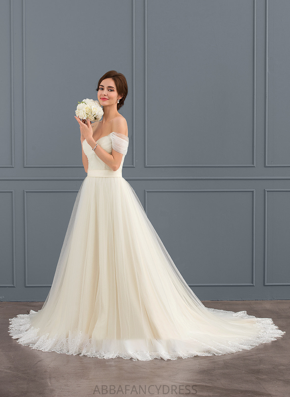 Train Karlie Tulle Dress Ruffle Wedding Dresses Court With Lace Wedding Ball-Gown/Princess Off-the-Shoulder