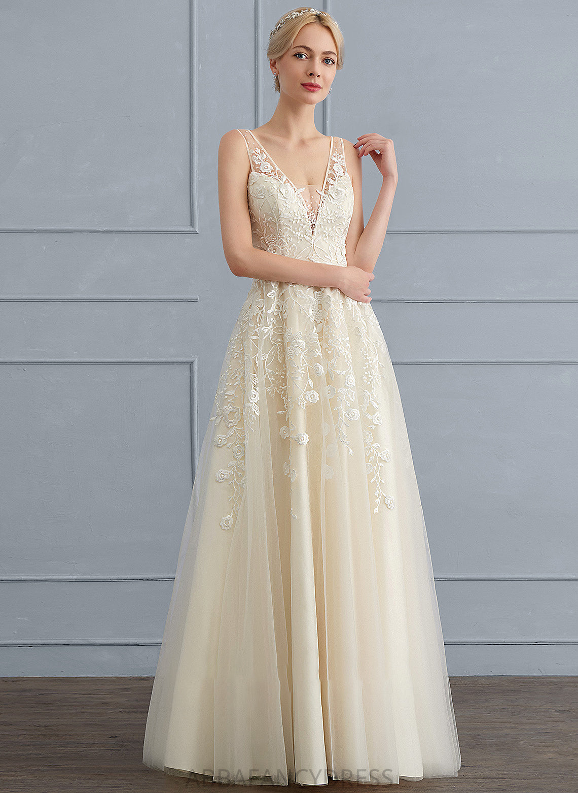 Beading A-Line V-neck With Wedding Dresses Natalya Floor-Length Sequins Wedding Tulle Dress