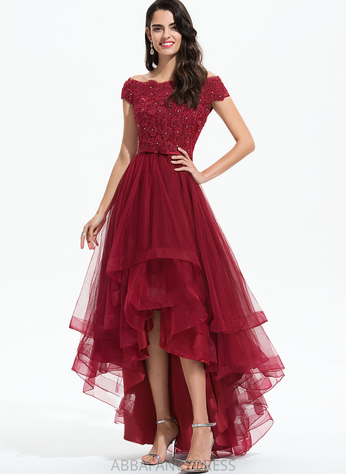 Asymmetrical Bow(s) Off-the-Shoulder Embellishment Lace Sequins Fabric Length Neckline Tulle Sleeve Beading