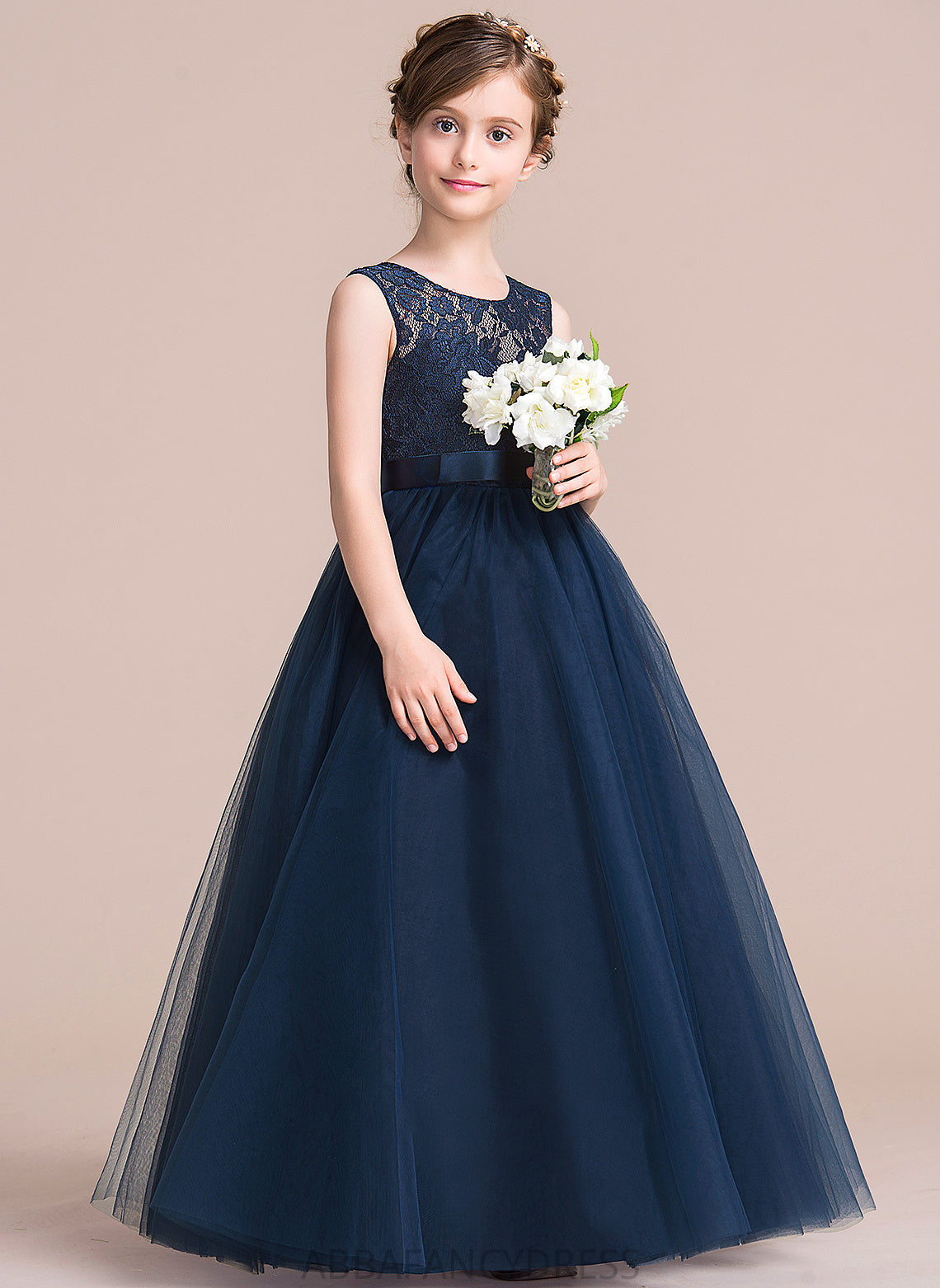 Nevaeh Junior Bridesmaid Dresses Ball-Gown/PrincessScoopNeckFloor-LengthTulleJuniorBridesmaidDressWithSash#126265