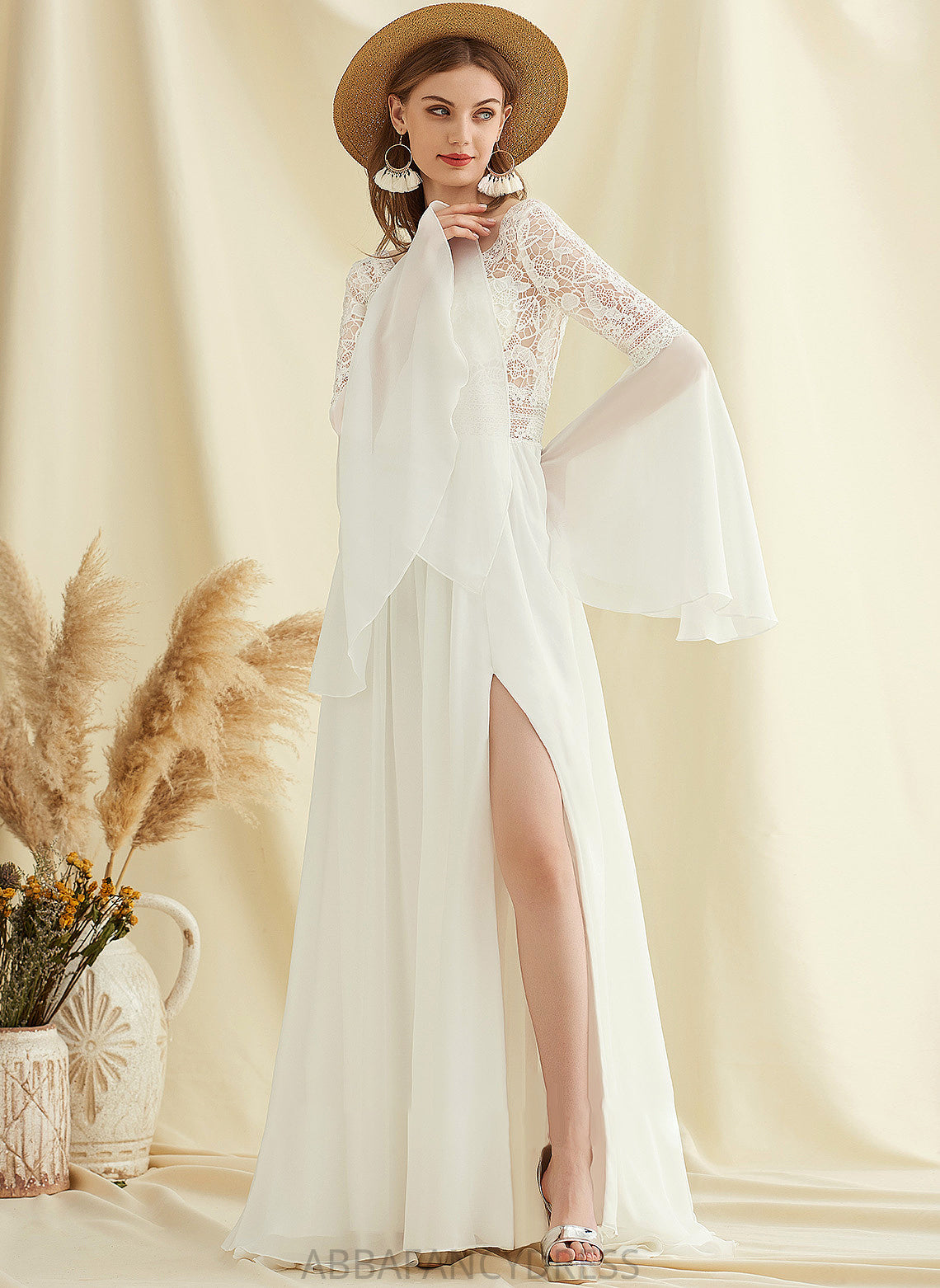 Dress Leah Sweep With V-neck Front A-Line Wedding Dresses Train Wedding Split Lace Chiffon