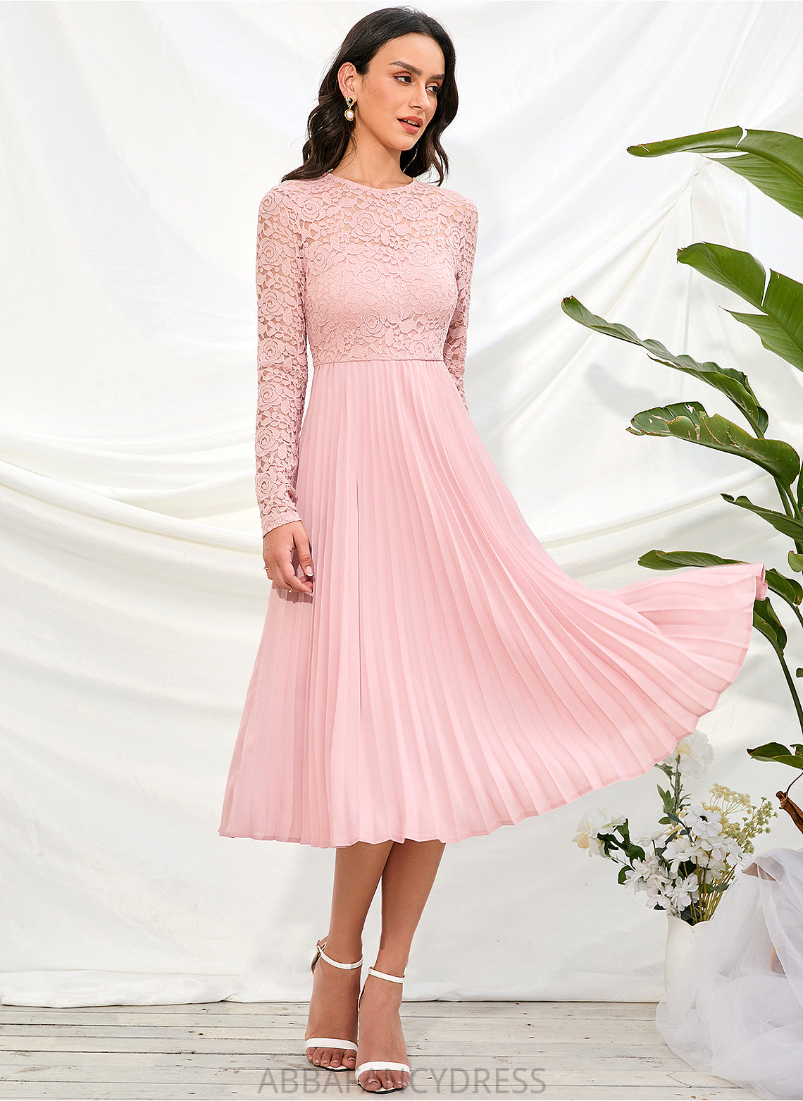 Fabric A-Line Length Sleeve Knee-Length Silhouette Straps Lace Sleeves Gwendolyn Spaghetti Staps Floor Length
