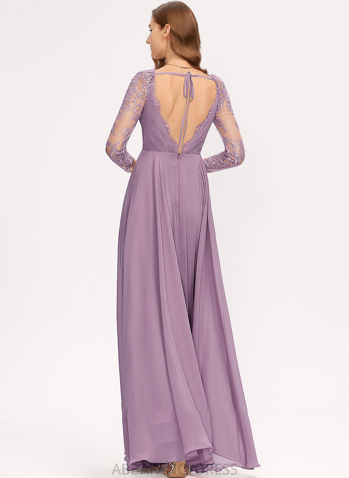 Neckline Lace A-Line V-neck Floor-Length Fabric Silhouette Length Straps Miya Natural Waist A-Line/Princess