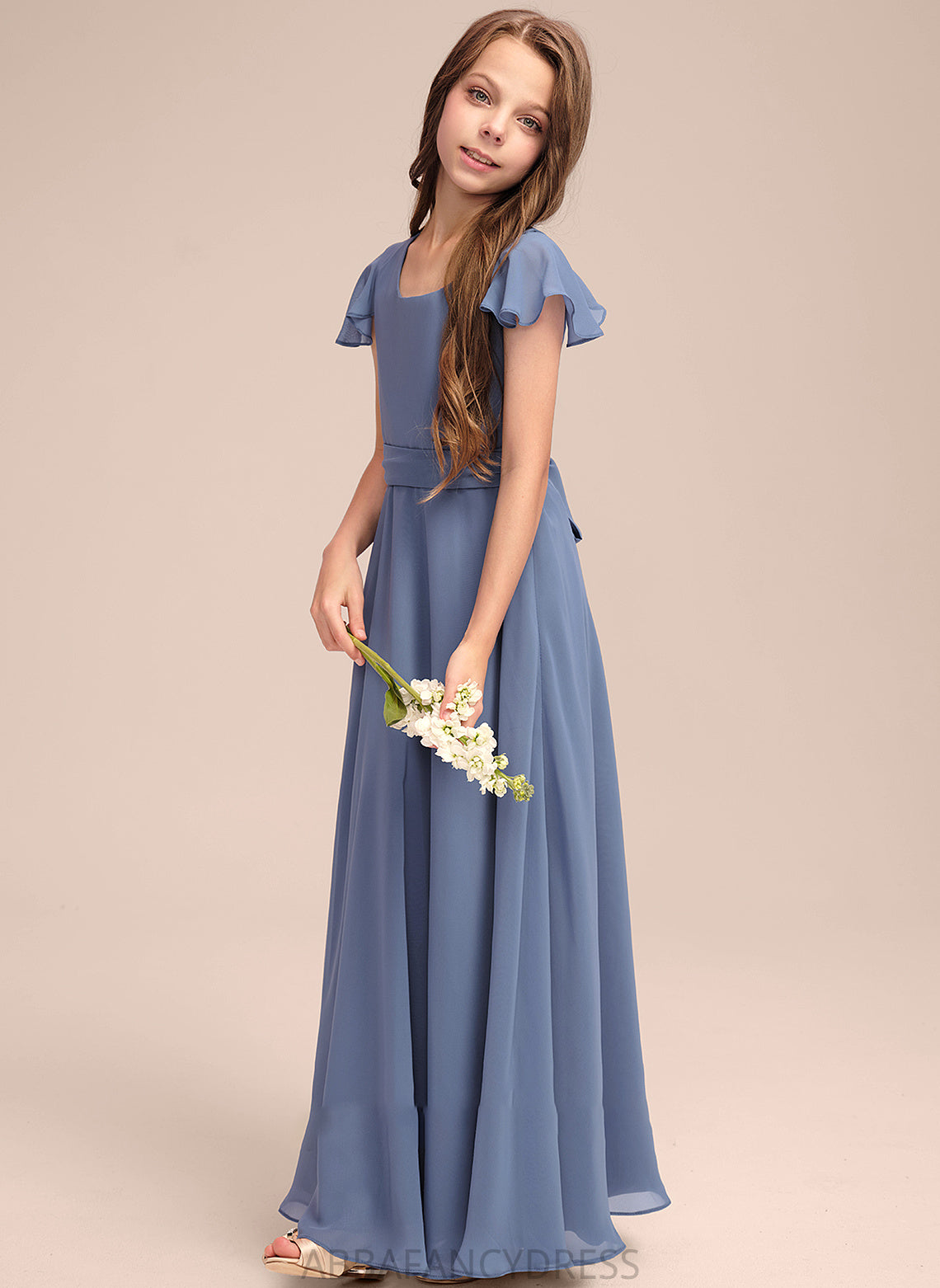Junior Bridesmaid Dresses Scoop Bow(s) Floor-Length Brynn Chiffon A-Line Neck With