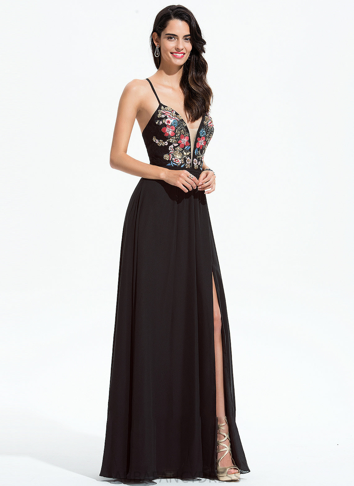 Lace Prom Dresses Chiffon Floor-Length Sequins Mavis V-neck A-Line With