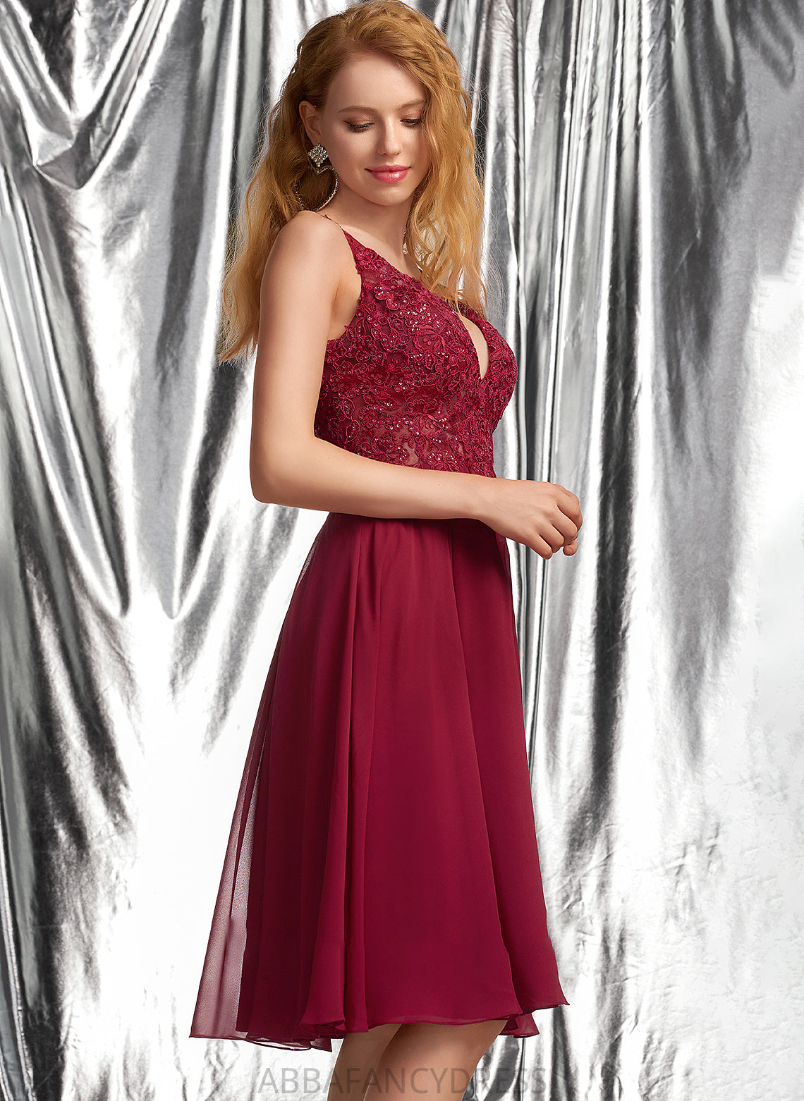 Rubi V-neck Knee-Length A-Line Sequins Chiffon Prom Dresses With