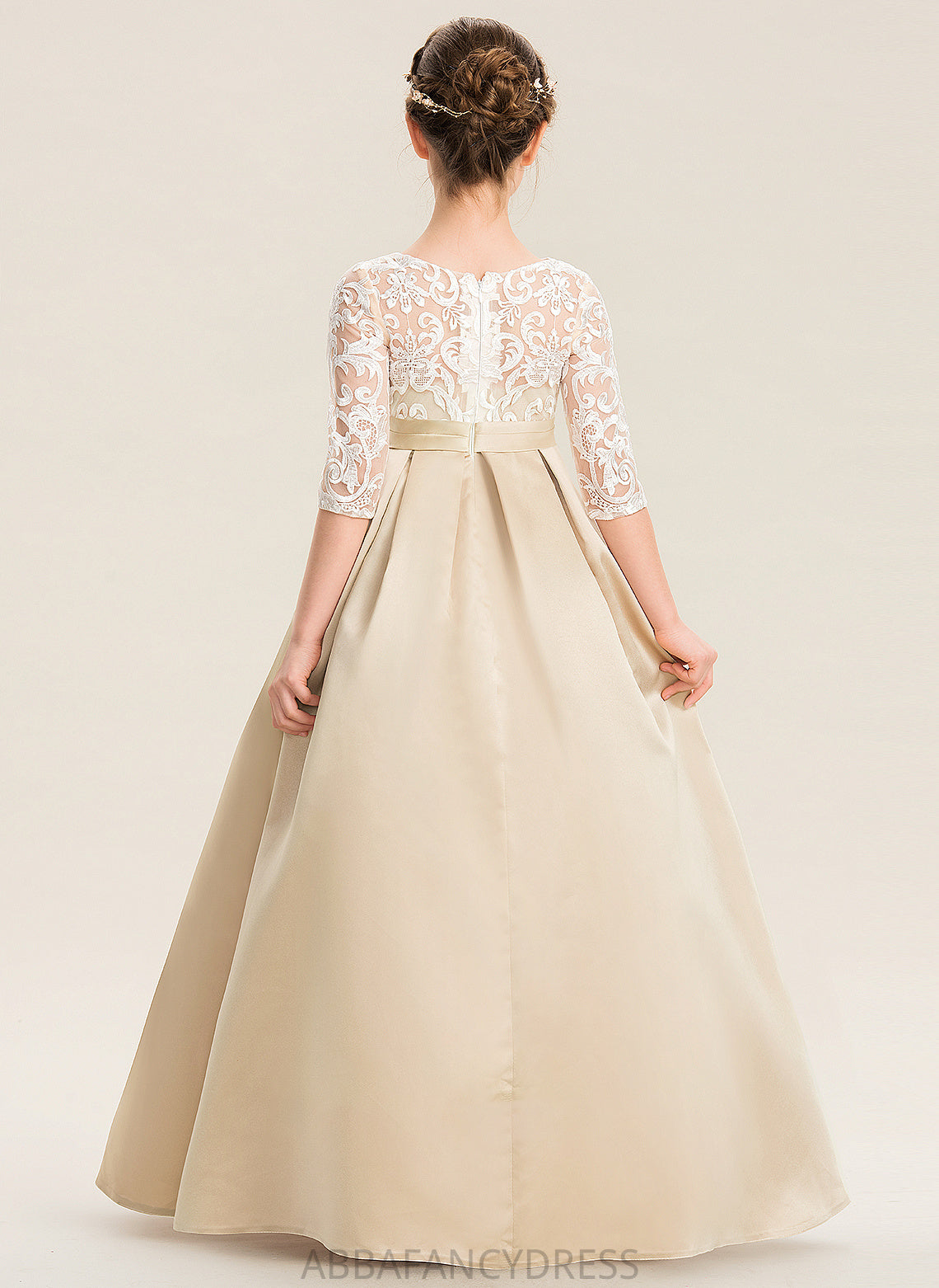 Ball-Gown/Princess Neck Satin Lace Junior Bridesmaid Dresses Scoop Angeline Floor-Length