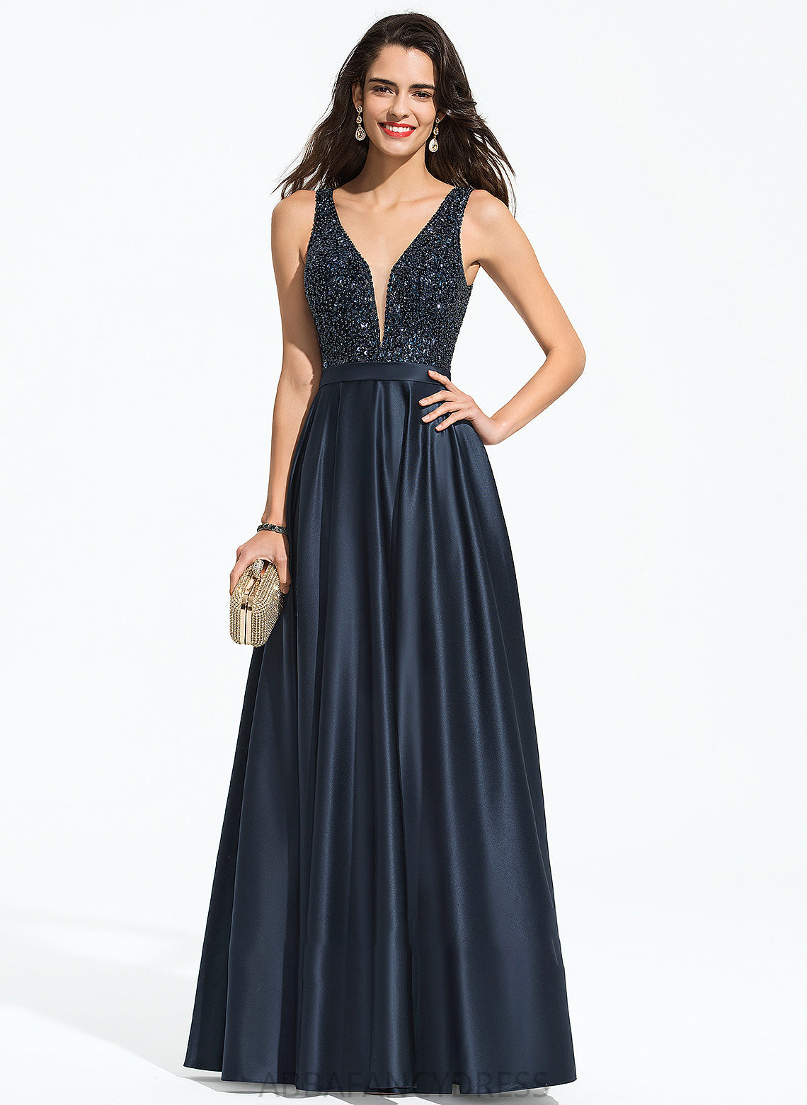 A-Line Floor-Length Hailey With Sequins Satin Prom Dresses V-neck Beading