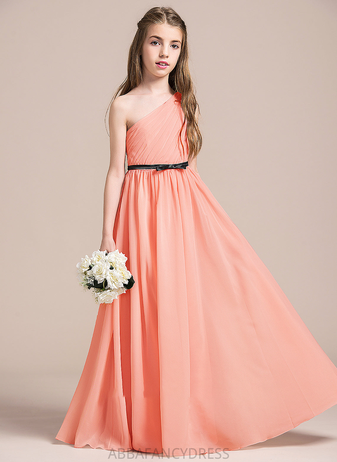 A-Line With Kara Junior Bridesmaid Dresses Floor-Length Bow(s) Ruffle Chiffon One-Shoulder