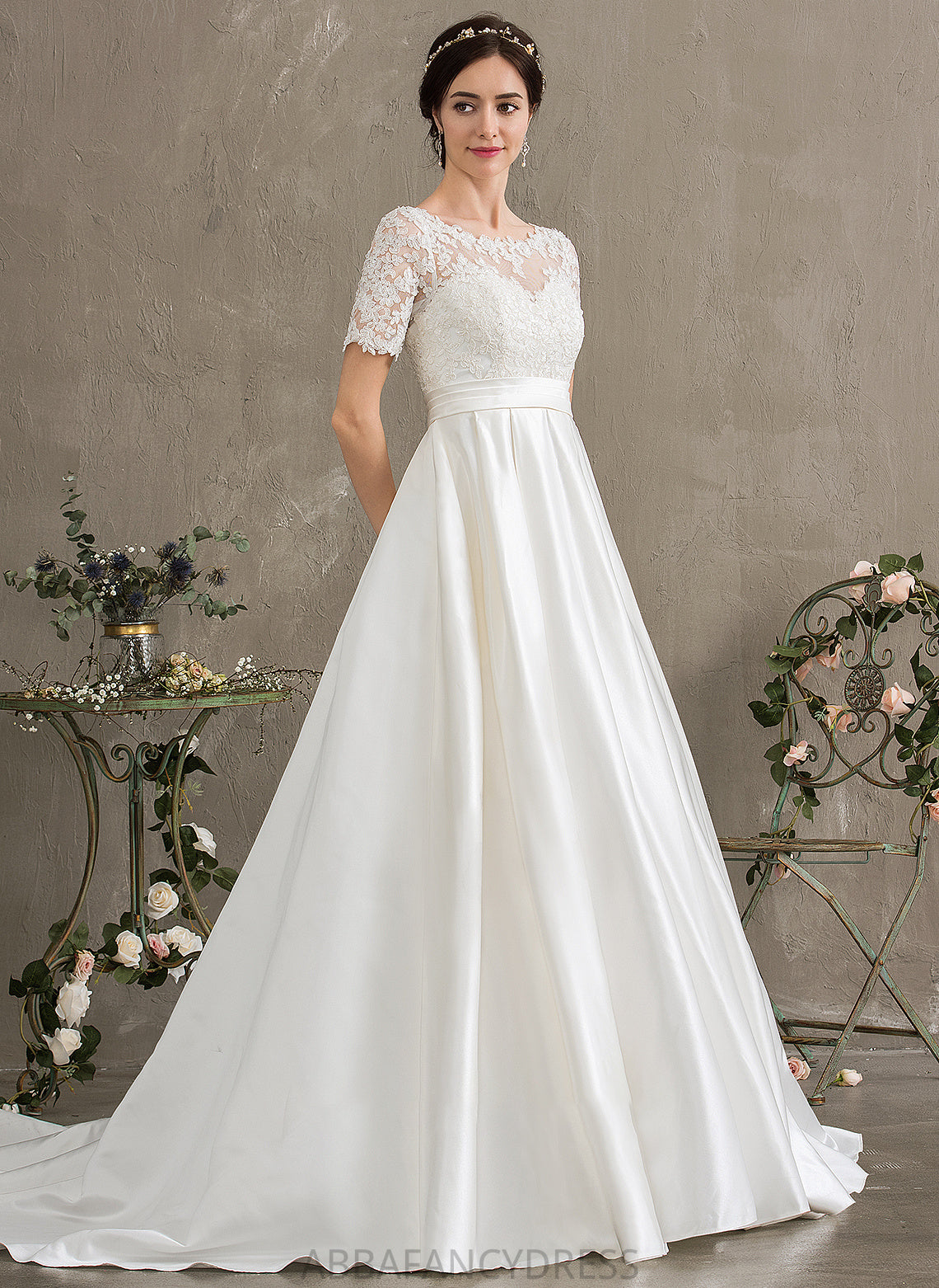 Ball-Gown/Princess With Scoop Miriam Train Wedding Dresses Neck Sequins Pockets Beading Wedding Satin Court Dress