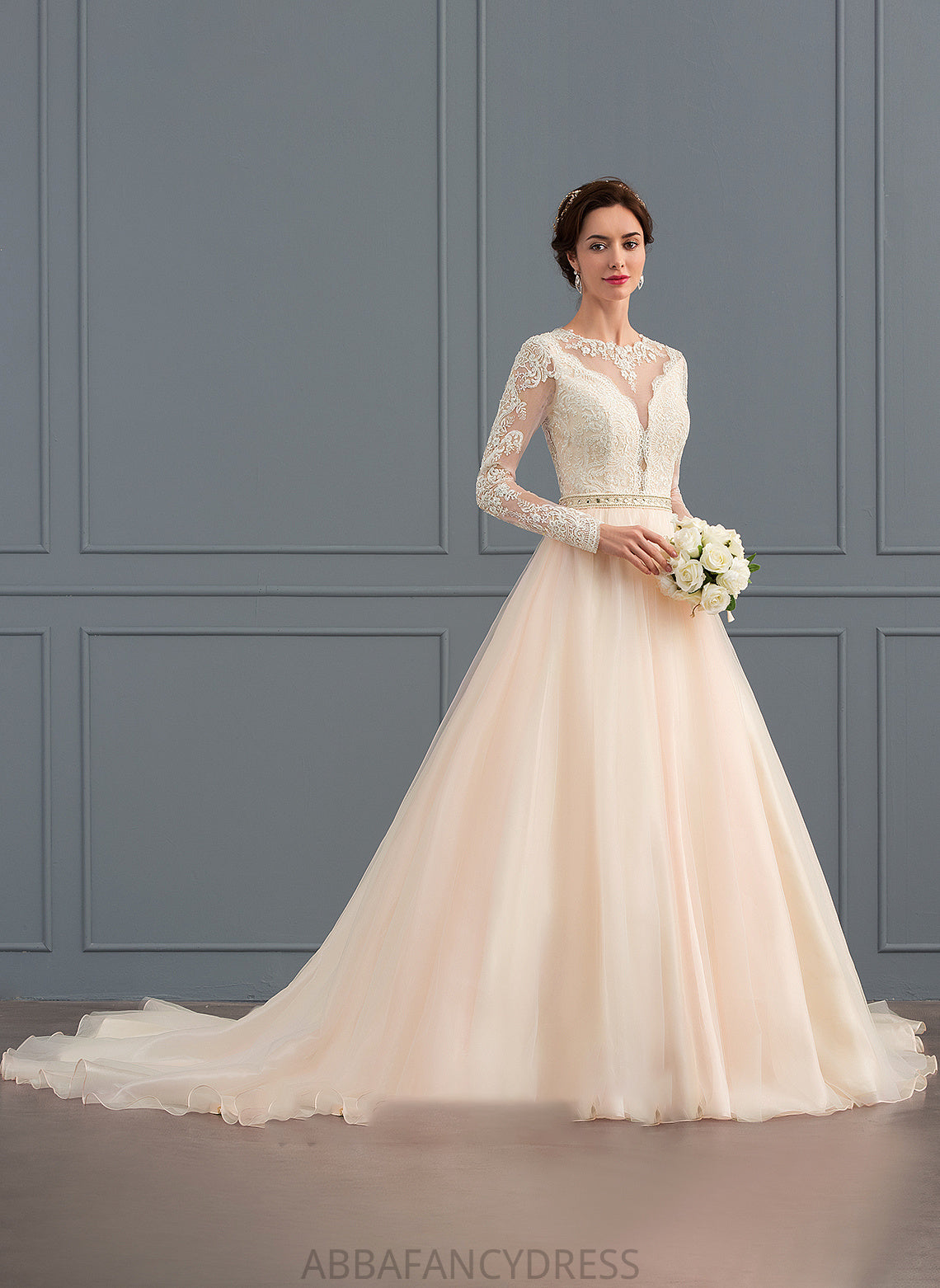 Savannah Ball-Gown/Princess Tulle Neck Train Chapel With Wedding Beading Wedding Dresses Dress Scoop