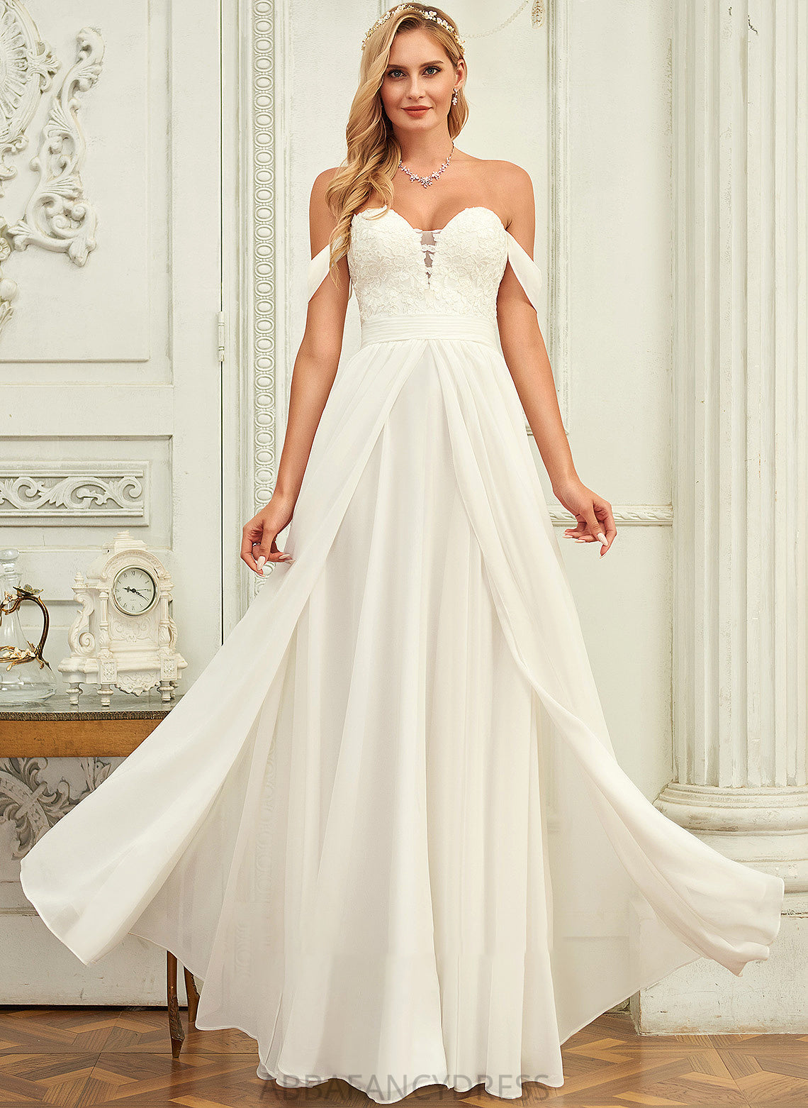 Chiffon Wedding Wedding Dresses Off-the-Shoulder Dress A-Line Floor-Length Lace Tiana