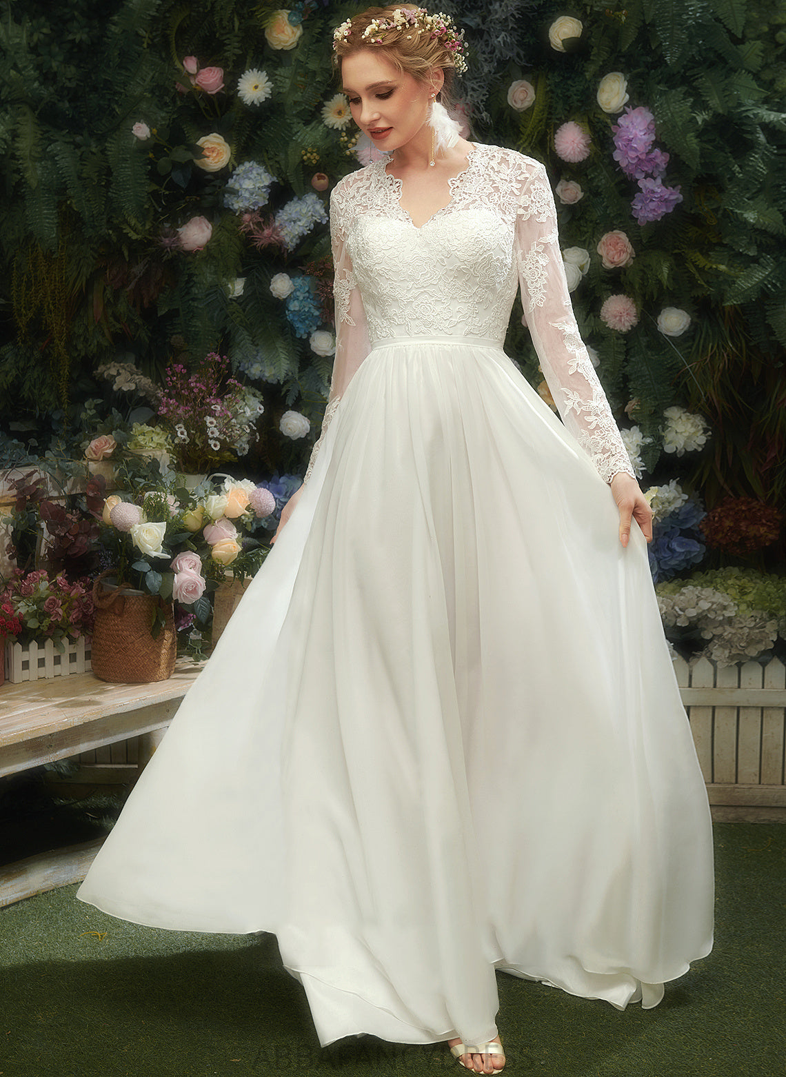 Floor-Length A-Line Wedding Dress Lace V-neck With Wedding Dresses Kaliyah