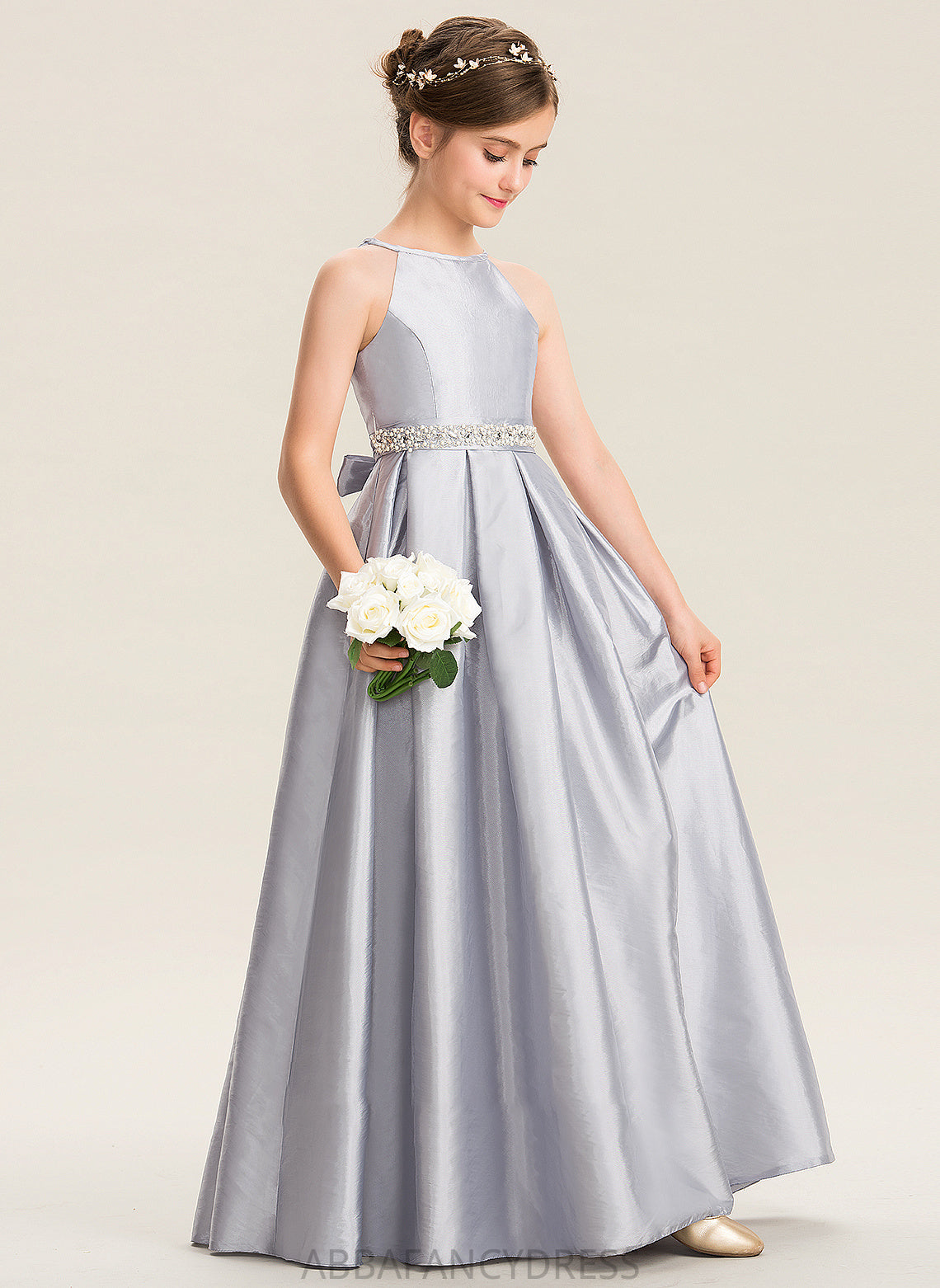 Scoop A-Line Beading With Marie Floor-Length Taffeta Junior Bridesmaid Dresses Bow(s) Neck