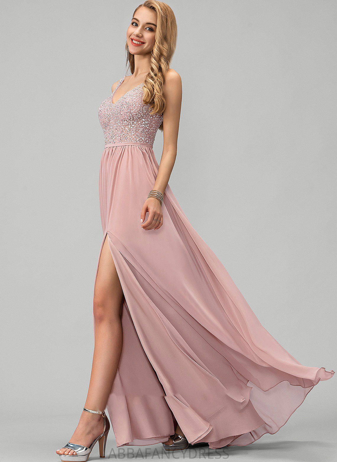 Front A-Line Beading With Floor-Length Prom Dresses Chiffon Split V-neck Jaylene Sequins