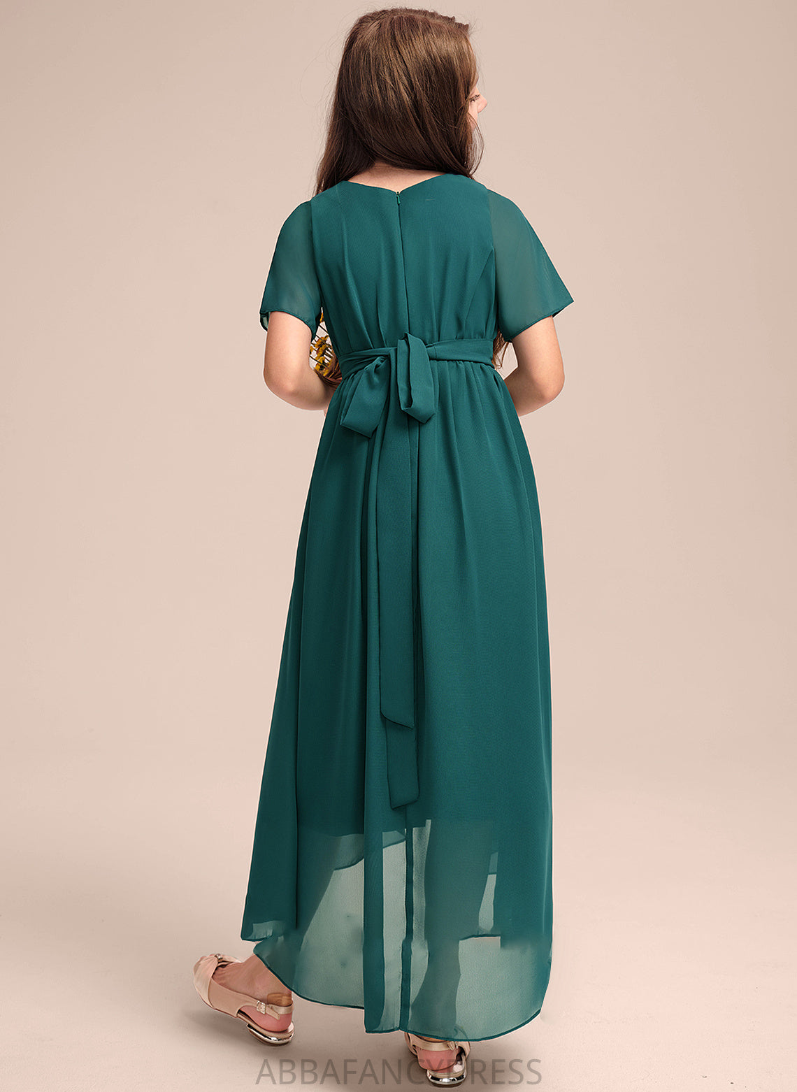 Bow(s) Ruffle Chiffon A-Line With Asymmetrical Junior Bridesmaid Dresses Neck Scoop Angie