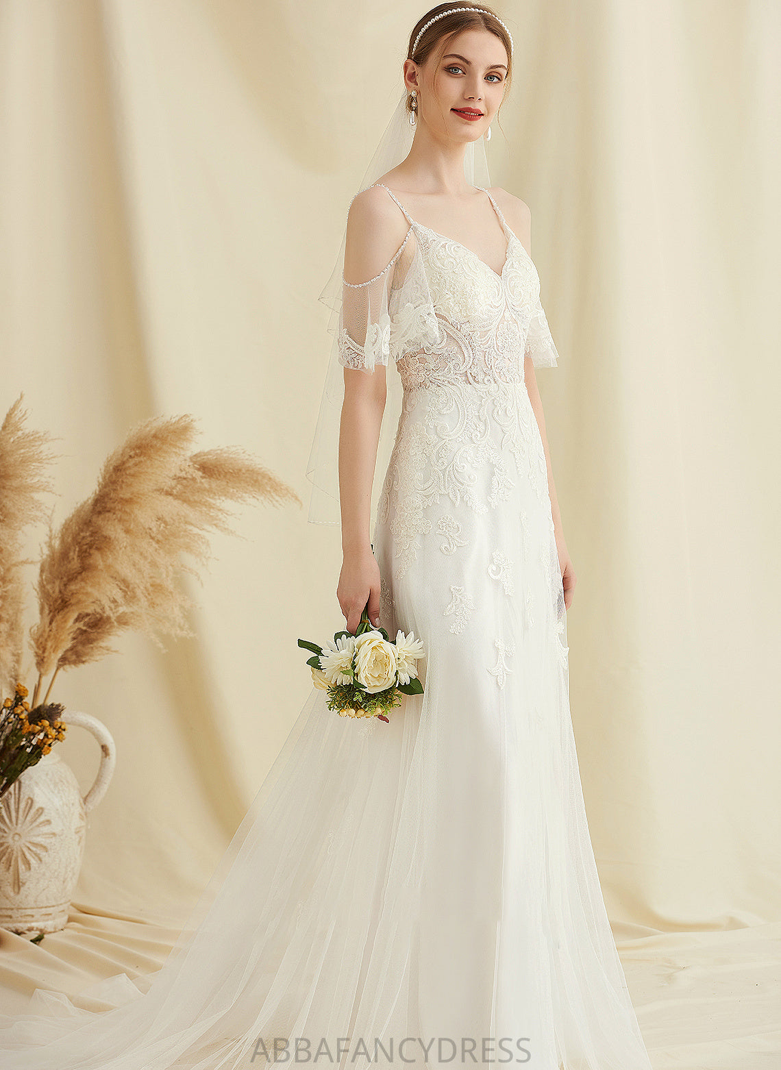 Lace Beading Tulle With A-Line Wedding Dresses Marlie Dress Train Sweep Wedding