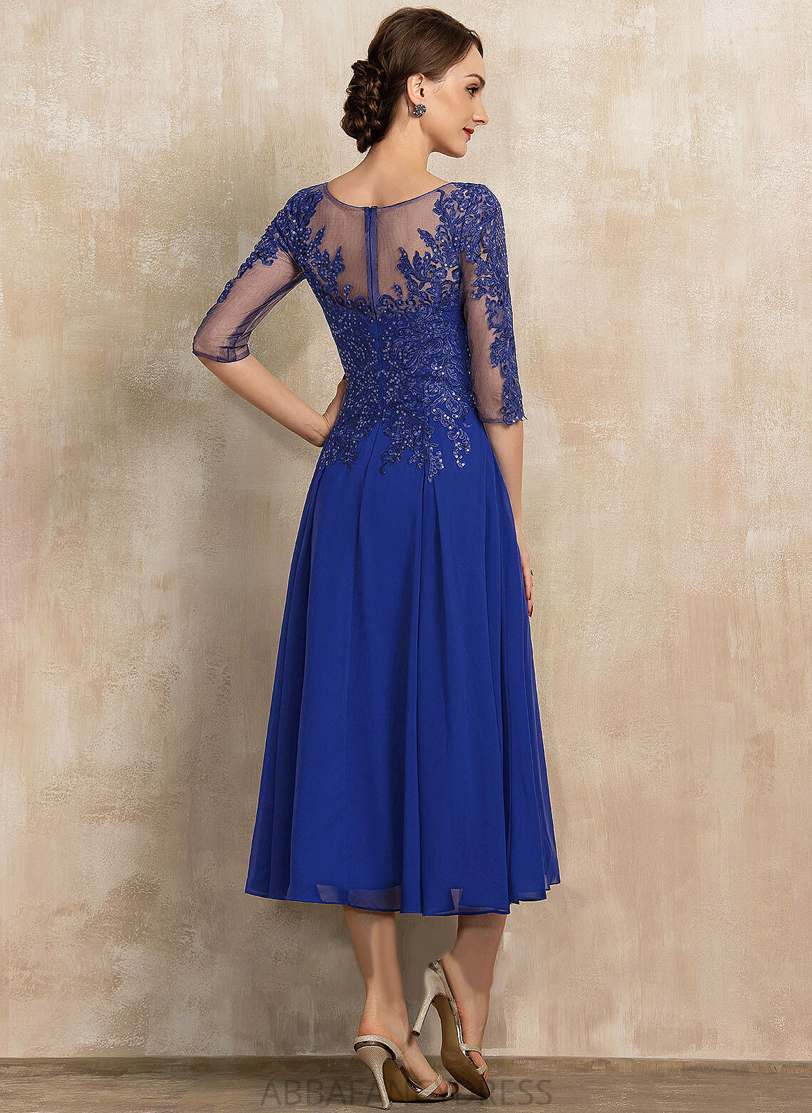 Scoop Sequins Dress Bride Mother Lace the Tea-Length Chiffon of Mira Neck A-Line With Mother of the Bride Dresses