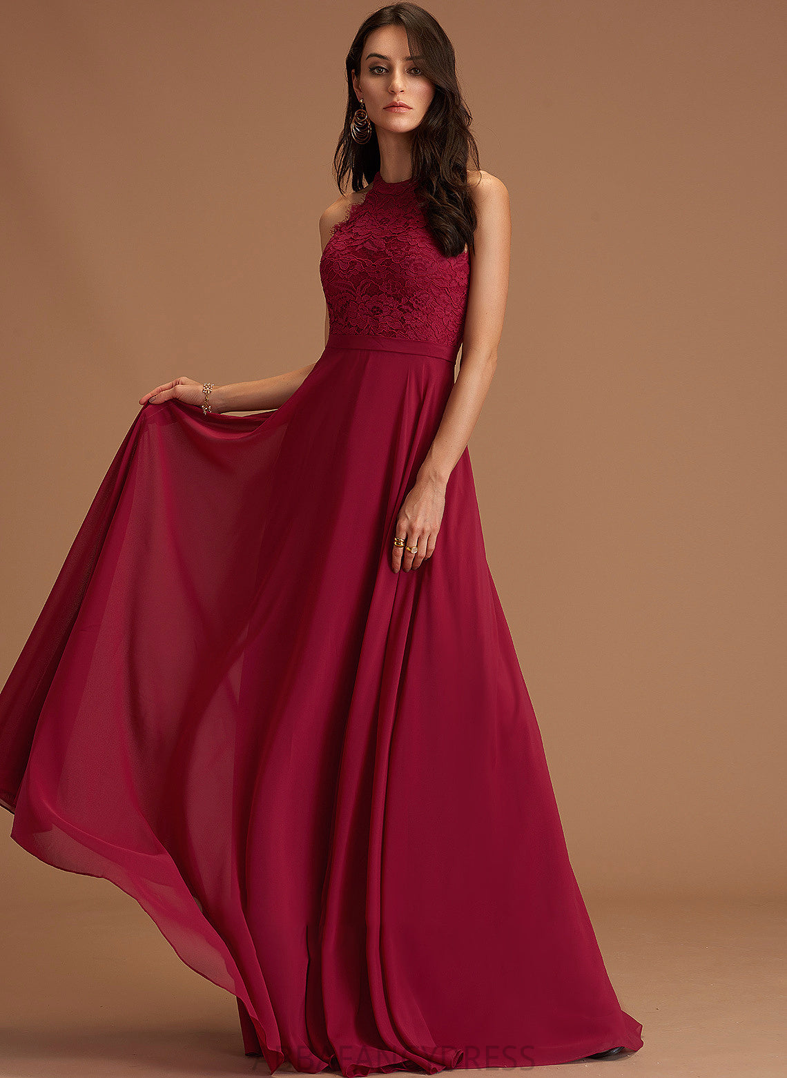 Scoop With Lace Chiffon A-Line Floor-Length Prom Dresses Zara Neck
