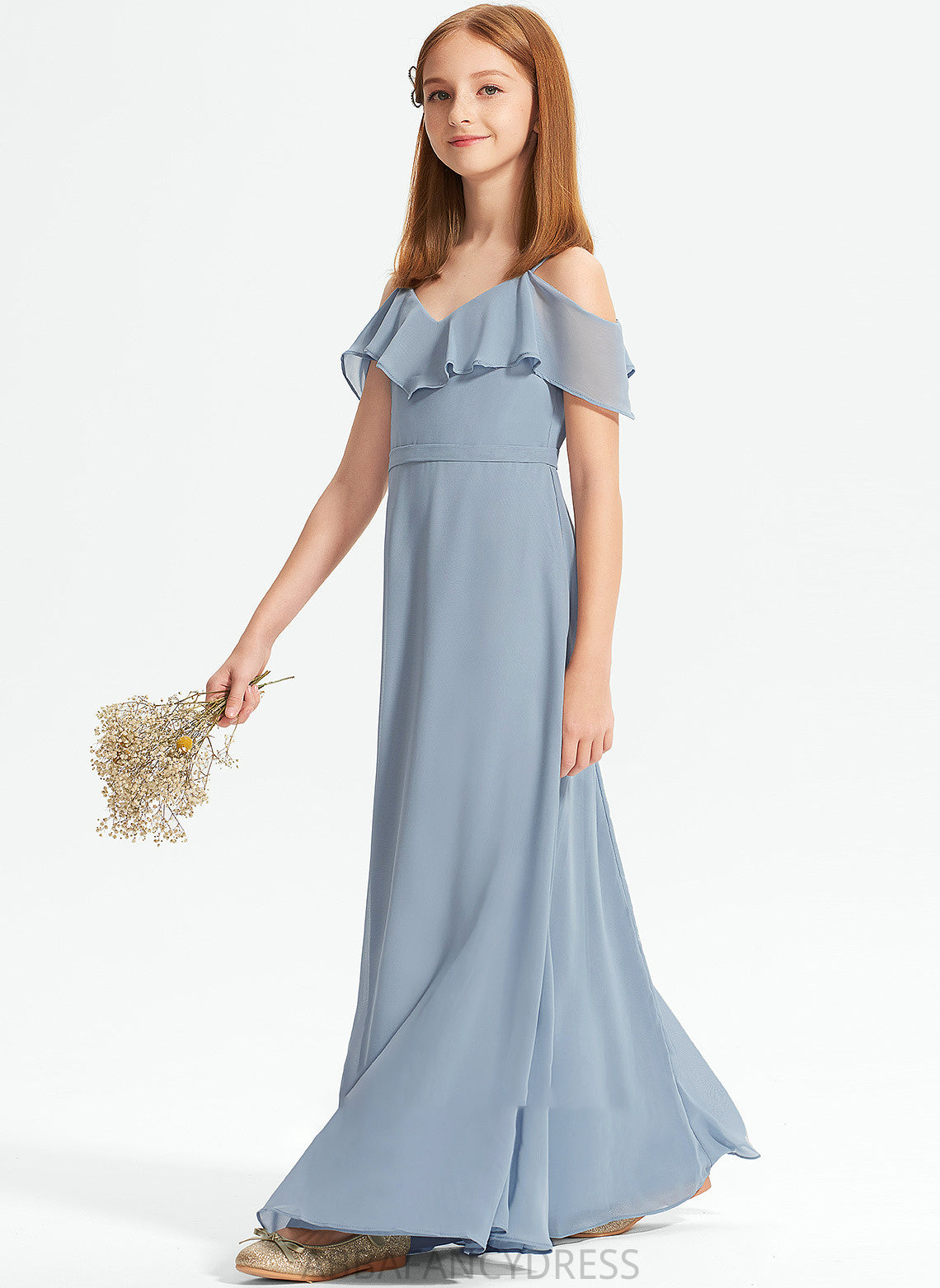 A-Line Junior Bridesmaid Dresses Ruffles Off-the-Shoulder Floor-Length With Chiffon Alisa