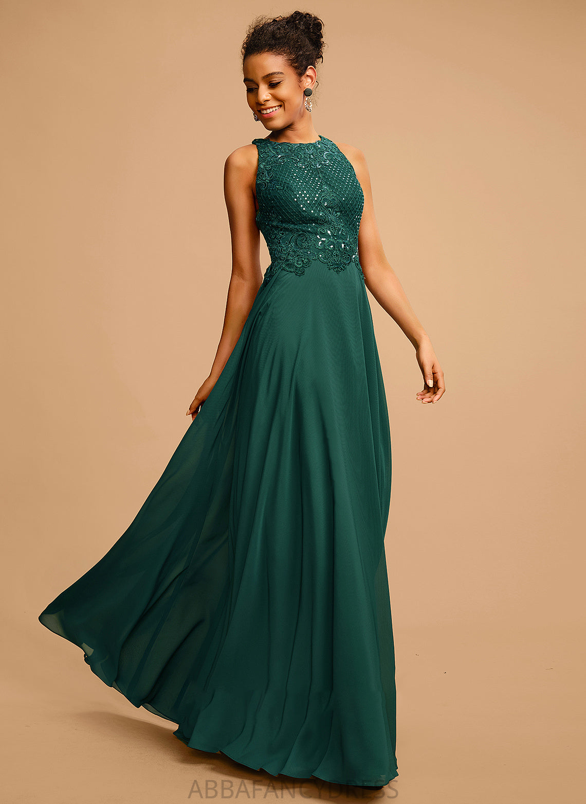Scoop Lace Prom Dresses Sequins Chiffon Front Split Floor-Length Neck With Annalise A-Line