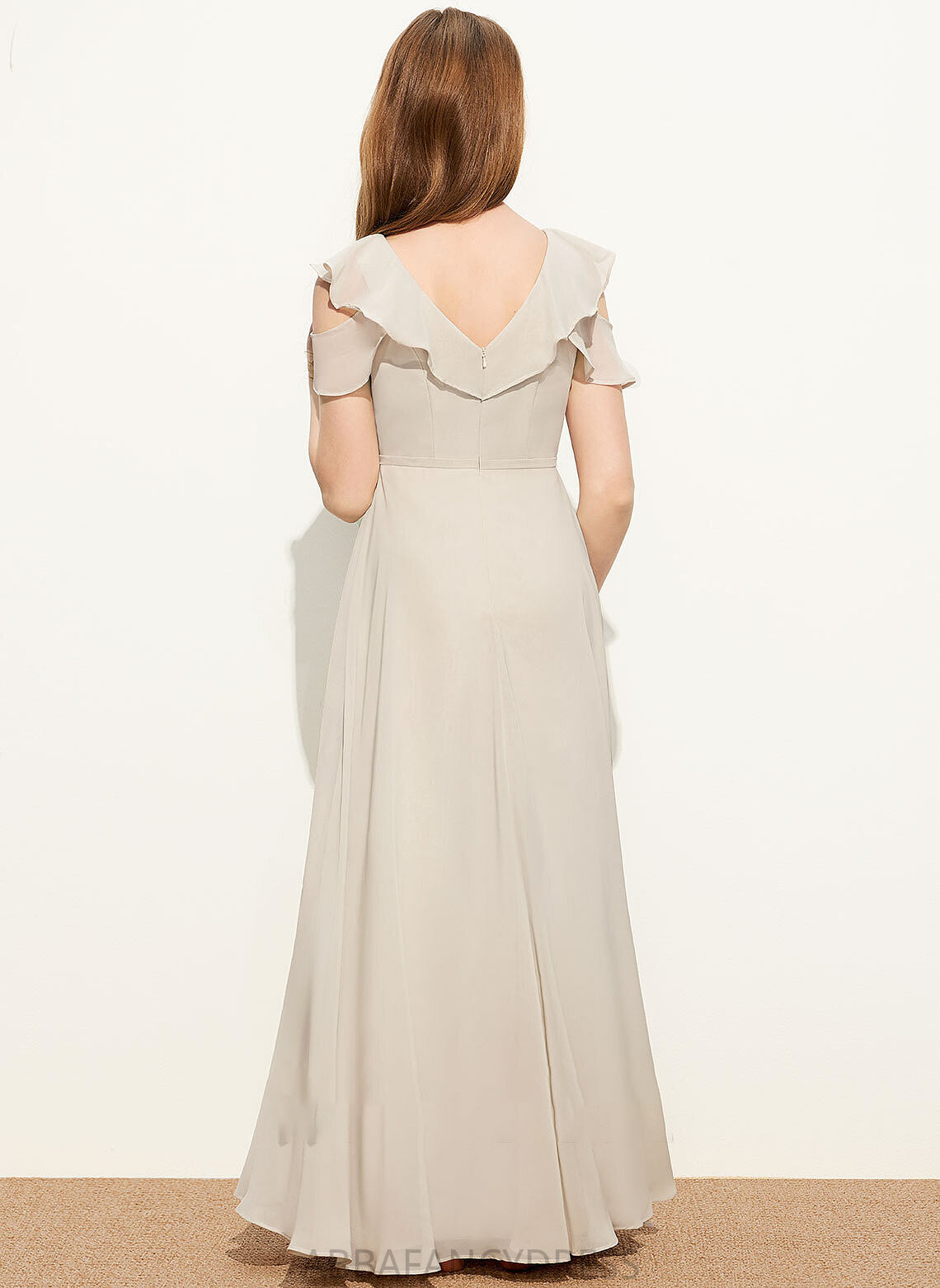 Alena Floor-Length V-neck Junior Bridesmaid Dresses Cascading Ruffles A-Line Chiffon With