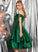 Knee-Length Brooklyn Ruffle Prom Dresses A-Line Satin Off-the-Shoulder With