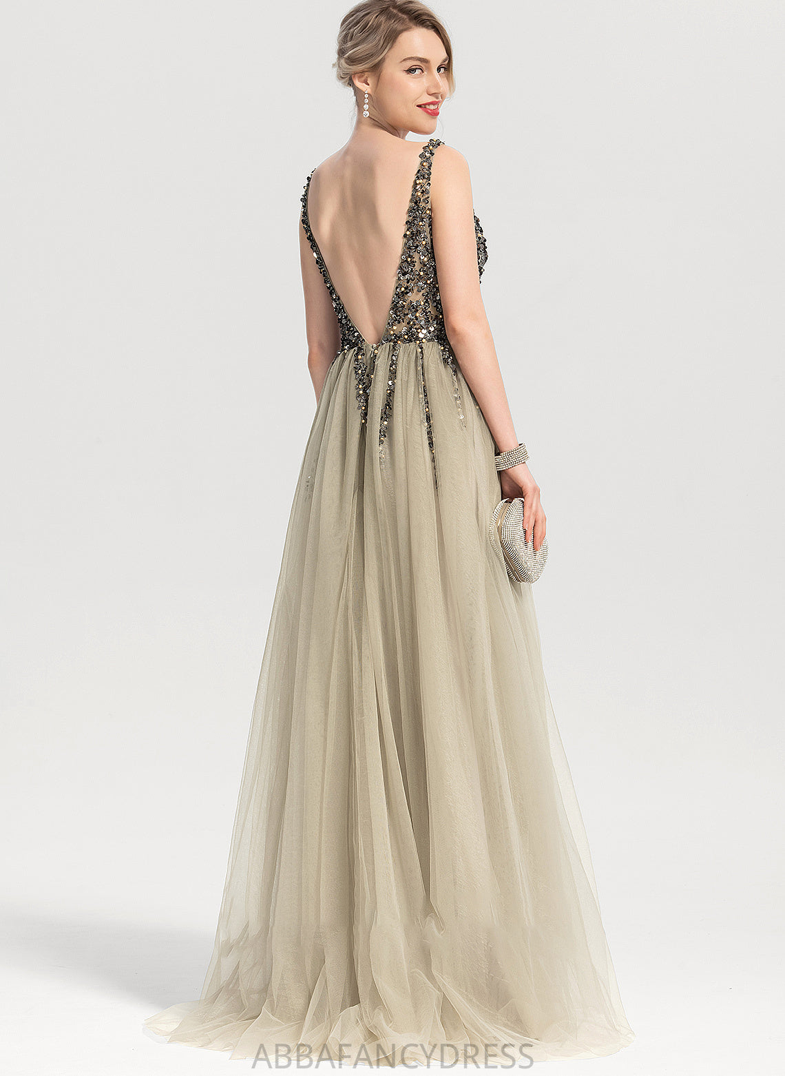 Sequins Tulle Split Jayla A-Line V-neck Beading Prom Dresses Floor-Length With Front