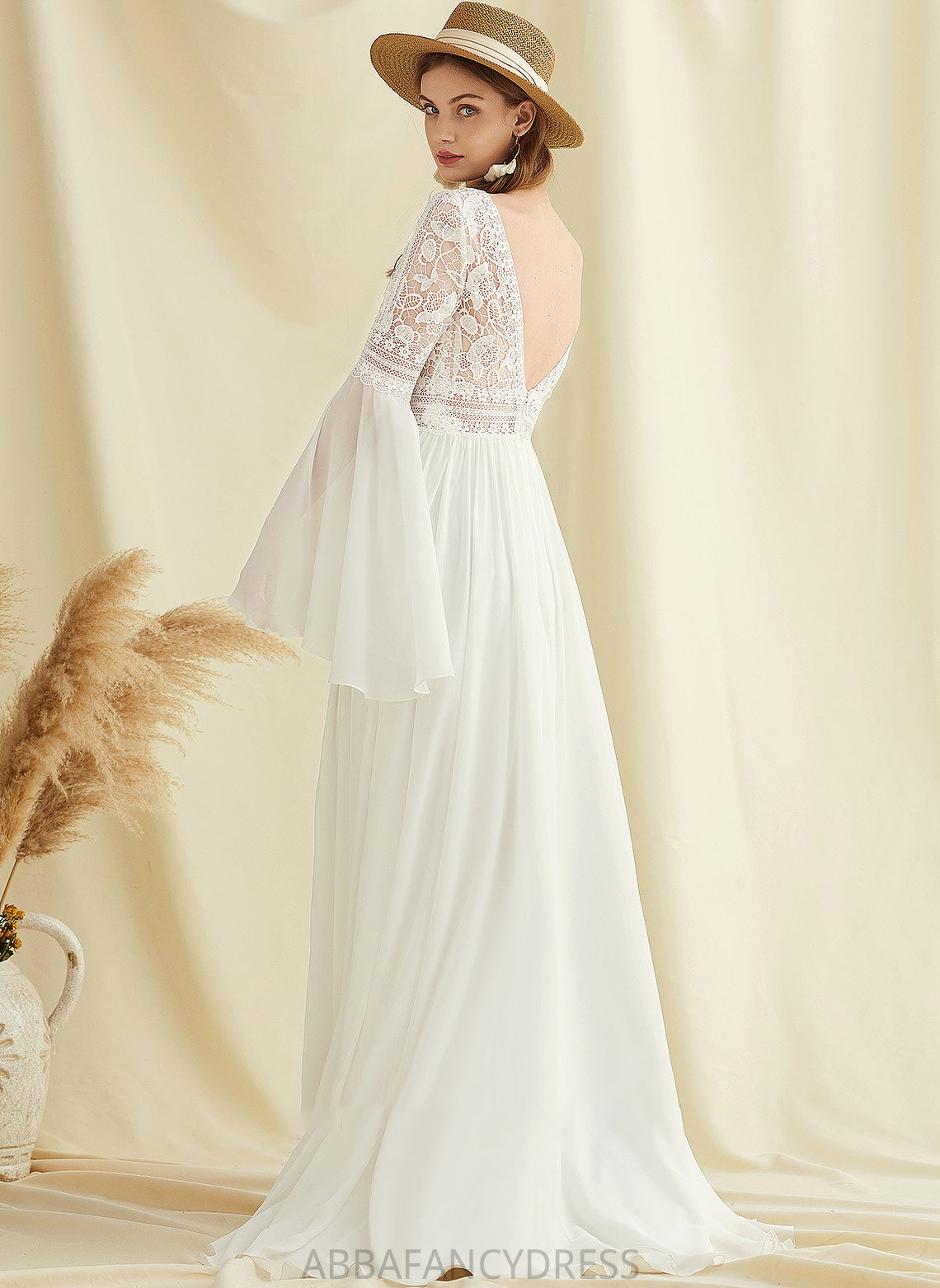 Dress Leah Sweep With V-neck Front A-Line Wedding Dresses Train Wedding Split Lace Chiffon