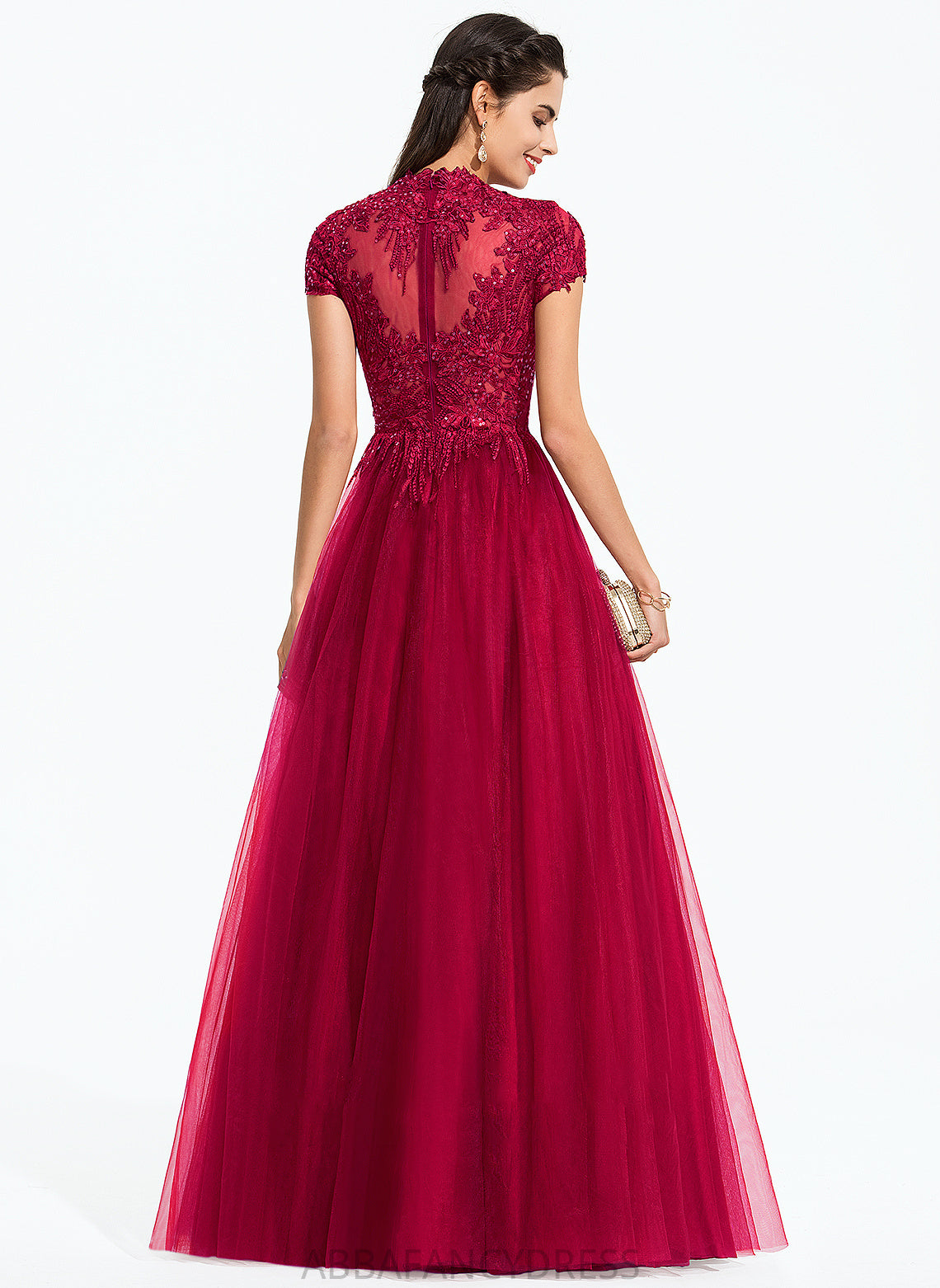 Tulle Neck Ball-Gown/Princess Sequins Prom Dresses Floor-Length Rowan Scoop With
