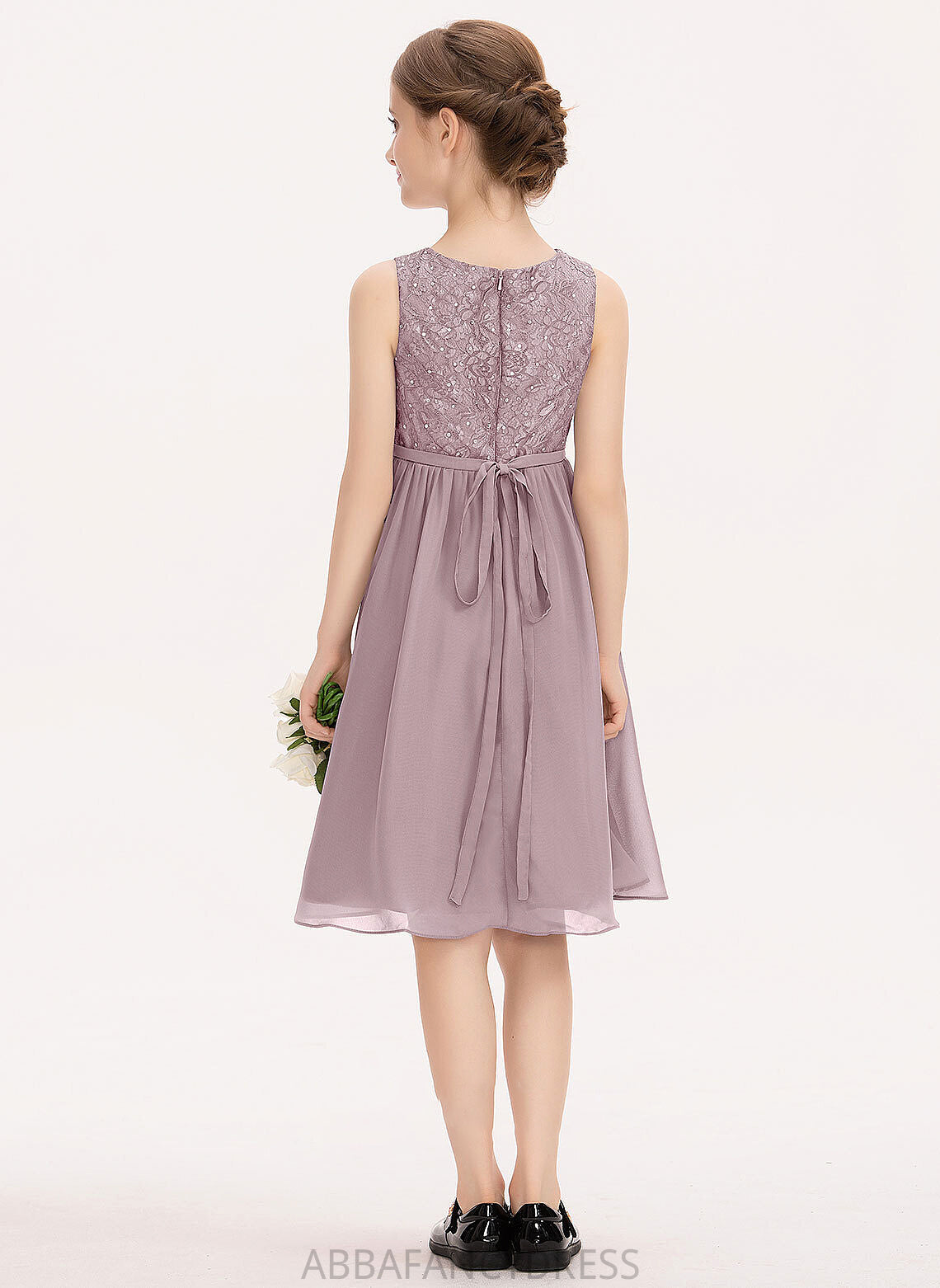 Scoop With Neck A-Line Junior Bridesmaid Dresses Elaine Lace Chiffon Knee-Length Beading Bow(s)