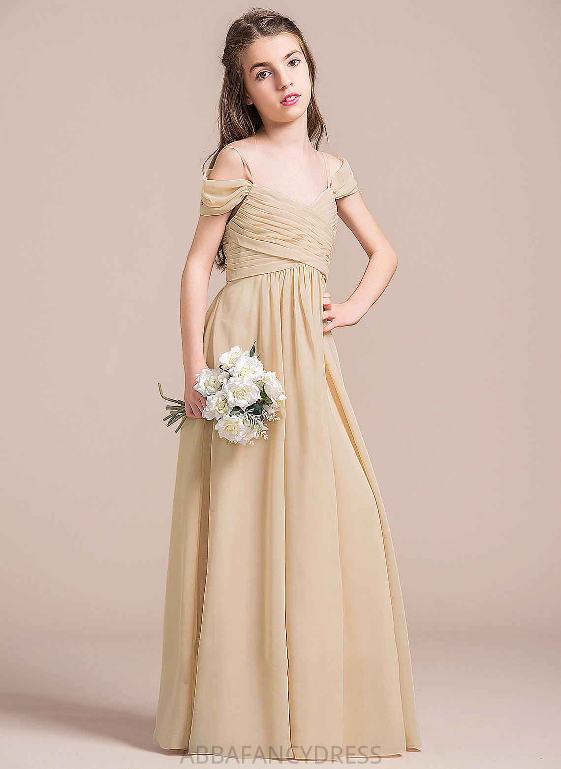 Off-the-Shoulder Floor-Length Junior Bridesmaid Dresses Gina A-Line Ruffle Chiffon With