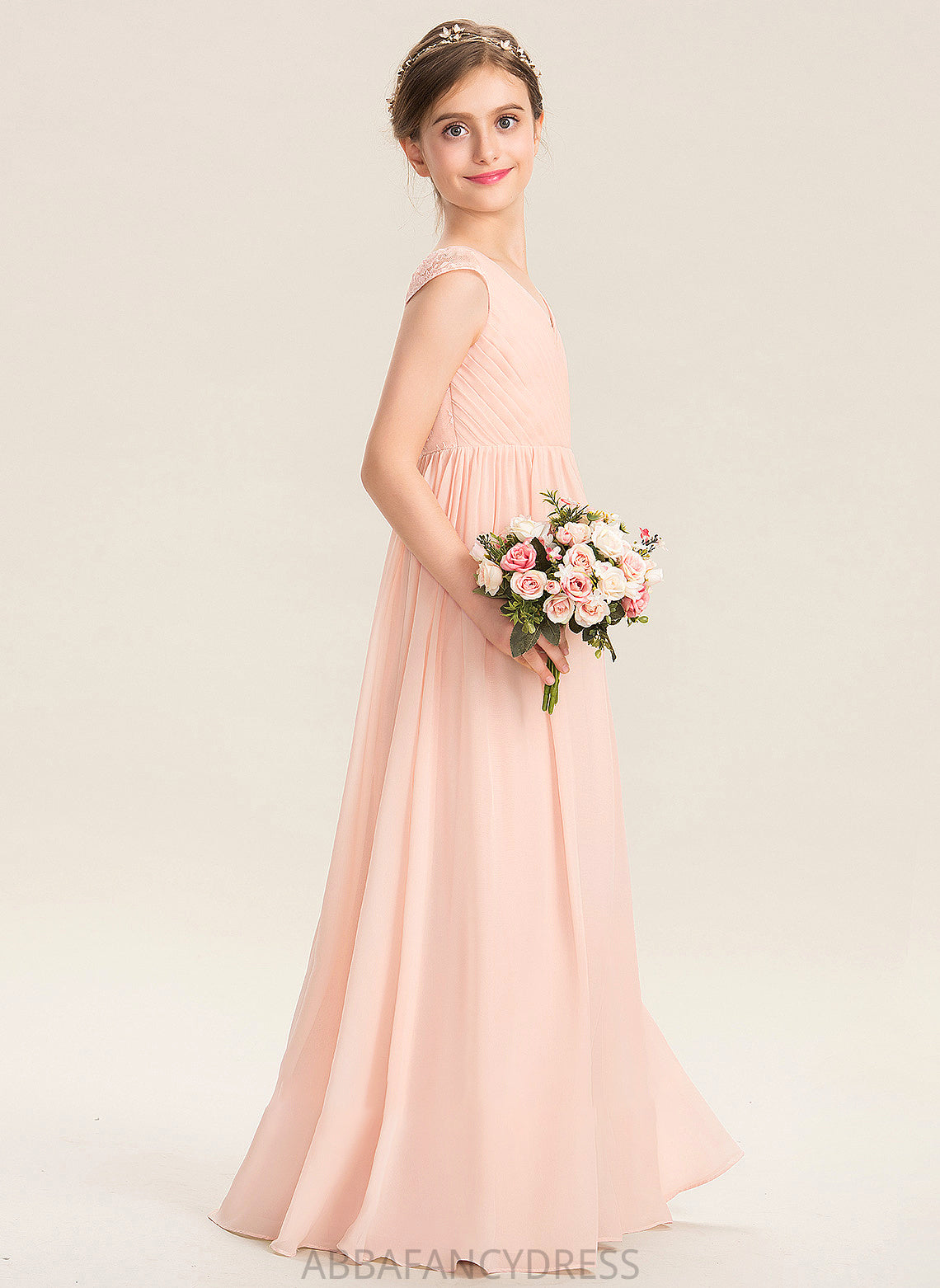 Lace Chiffon Floor-Length With A-Line Junior Bridesmaid Dresses V-neck Ruffle Mia