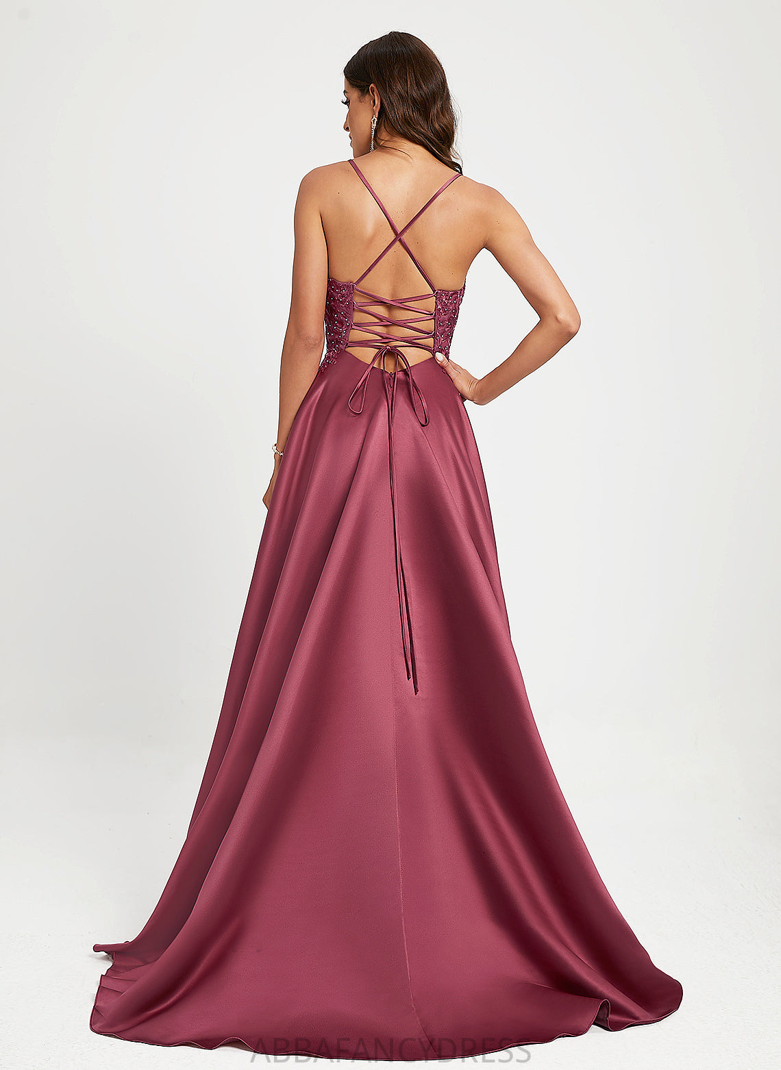 Prom Dresses A-Line Train Sweep With Beading Sequins Square Neckline Leyla Satin