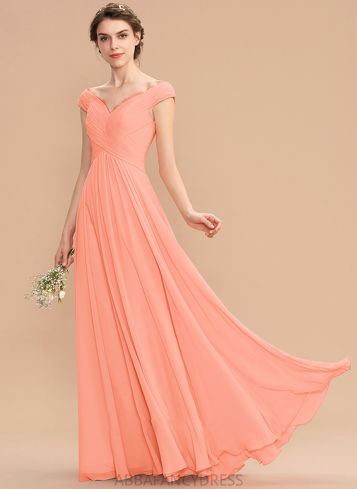 Silhouette Lace Ruffle Length A-Line Neckline Fabric Off-the-Shoulder Embellishment Floor-Length Molly Natural Waist