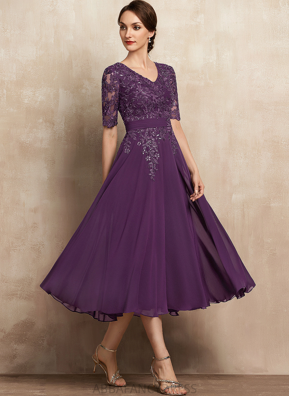 Tea-Length Mother With V-neck A-Line Dress Sequins of Chiffon Aleena Lace Mother of the Bride Dresses the Bride